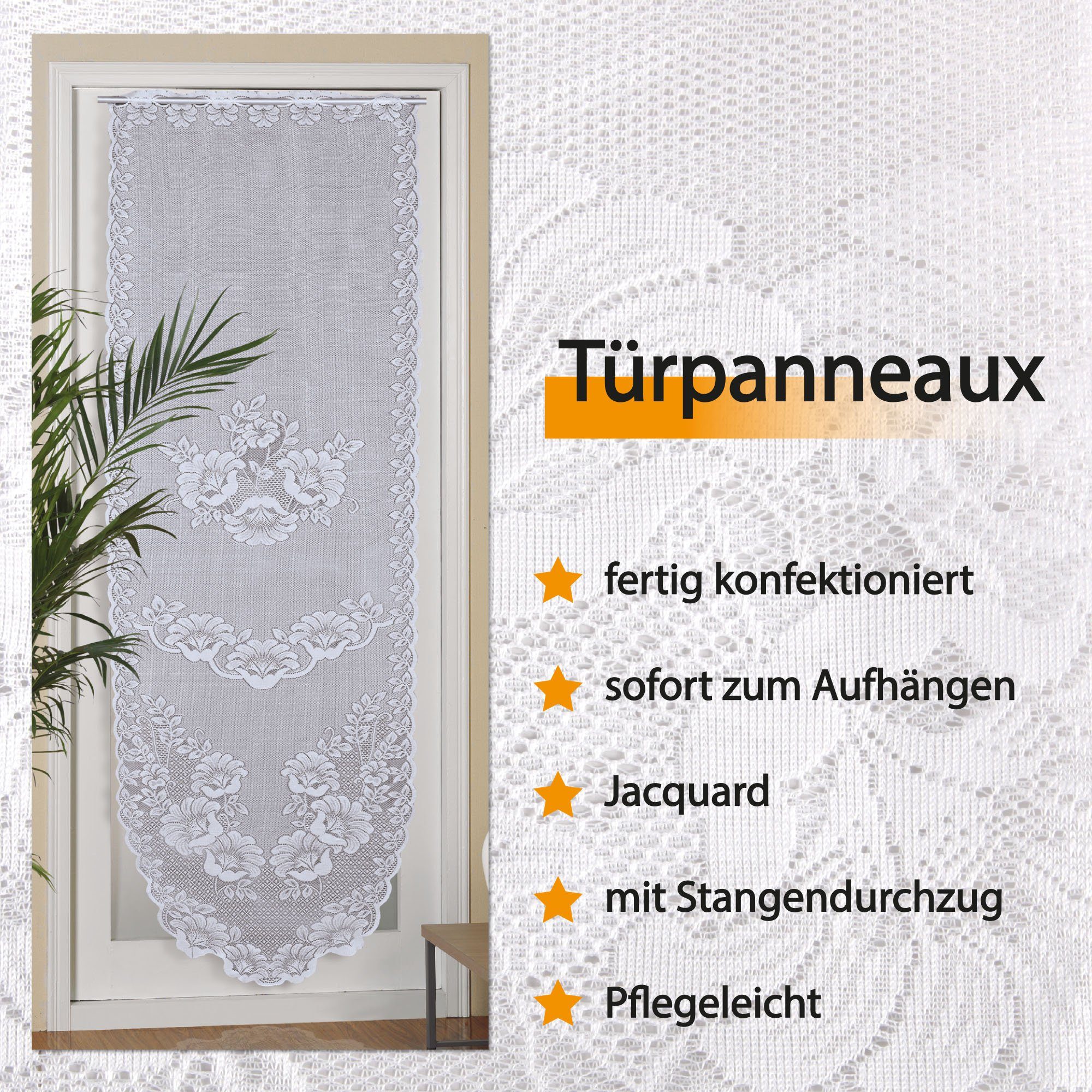 Arsvita Panneaux Blumen Mona mit Stickerei, Schlaufen, transparent, Türpanneaux 180x60cm Stangendurchzug, Voile Kurzgardine Bistrogardine