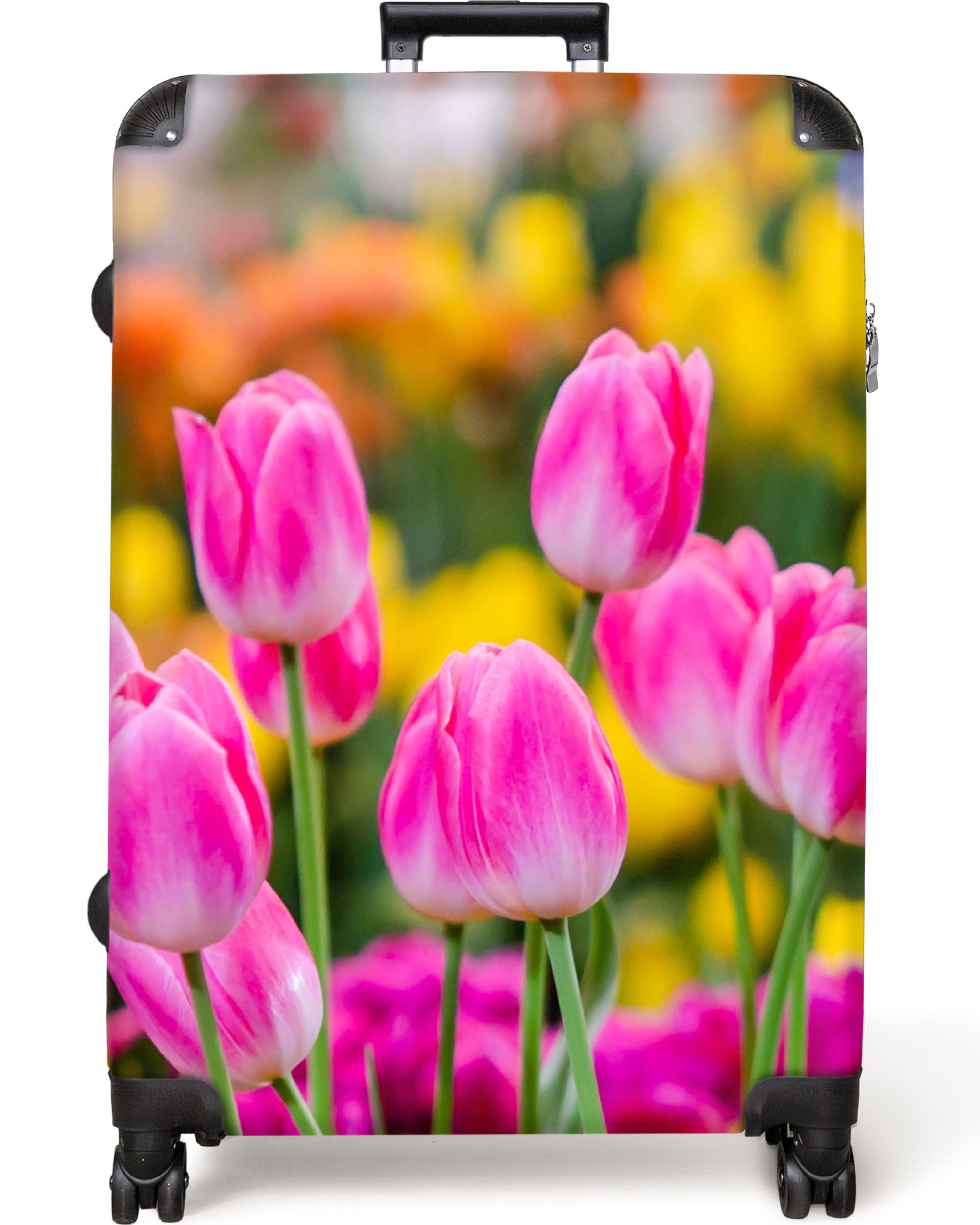 NoBoringSuitcases.com© Hartschalen-Trolley Blumen - Tulpen - Rosa - Frühling - Natur 77 cm - 98 L, 8 Rollen, Koffer Groß für 30kg, Trolley, Rollkoffer, Reisekoffer