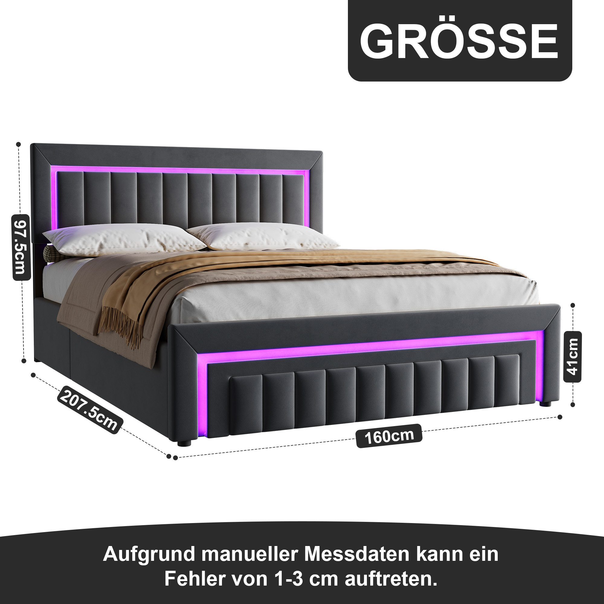 STILVORA Polsterbett 160×200 mit bettkasten,Funktionbett Boxspringbett mit LED & Schubladen (verstärkter Metallrahmen, stabiler Lattenrost, Gepolstertes Kopftei – Bild 4 von 5