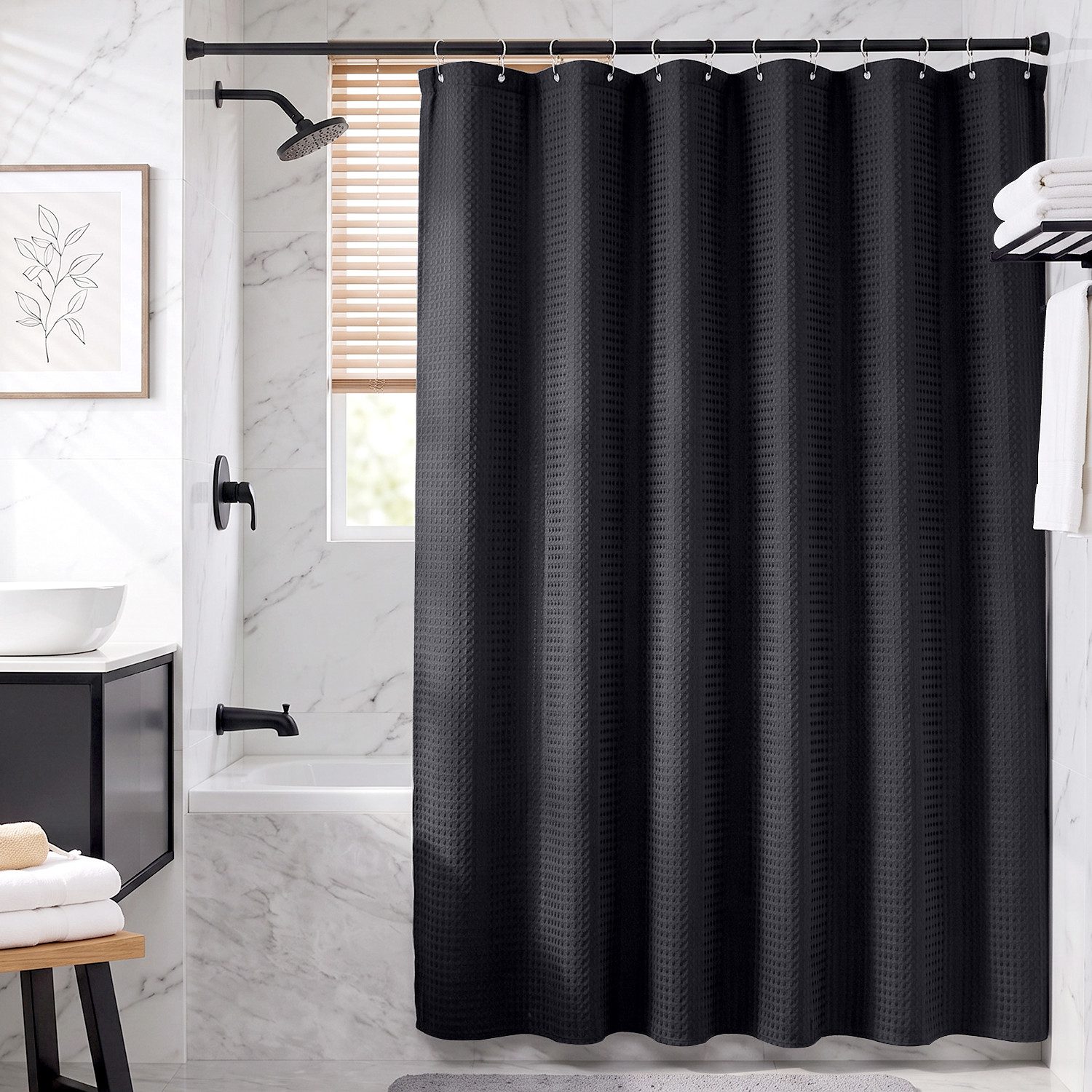 Sekey Duschvorhang Textil Duschvorhang Wannenvorhang Waschbar wasserabweisend mit Ringe Breite 180 cm (Packung, inkl. 12 Ringe), Badewannenvorh, 100% Polyester, Waffelstoff 180x200cm Schwarz