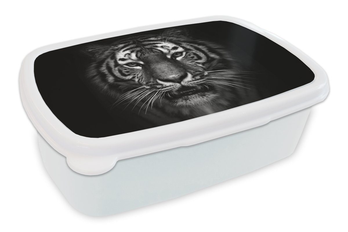 MuchoWow Lunchbox Tiger - Tiere - Schwarz - Weiß - Porträt - Wild, Kunststoff, (2-tlg), Brotbox für Kinder und Erwachsene, Brotdose, für Jungs und Mädchen