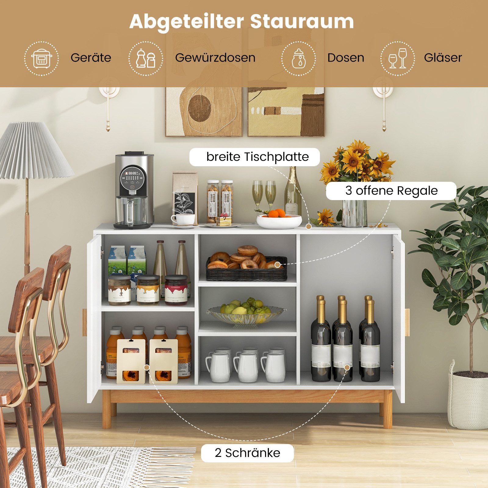 COSTWAY Küchenbuffet Schrank mit 2 Bambustüren&3 offenen Regalen, 120cm wei günstig online kaufen