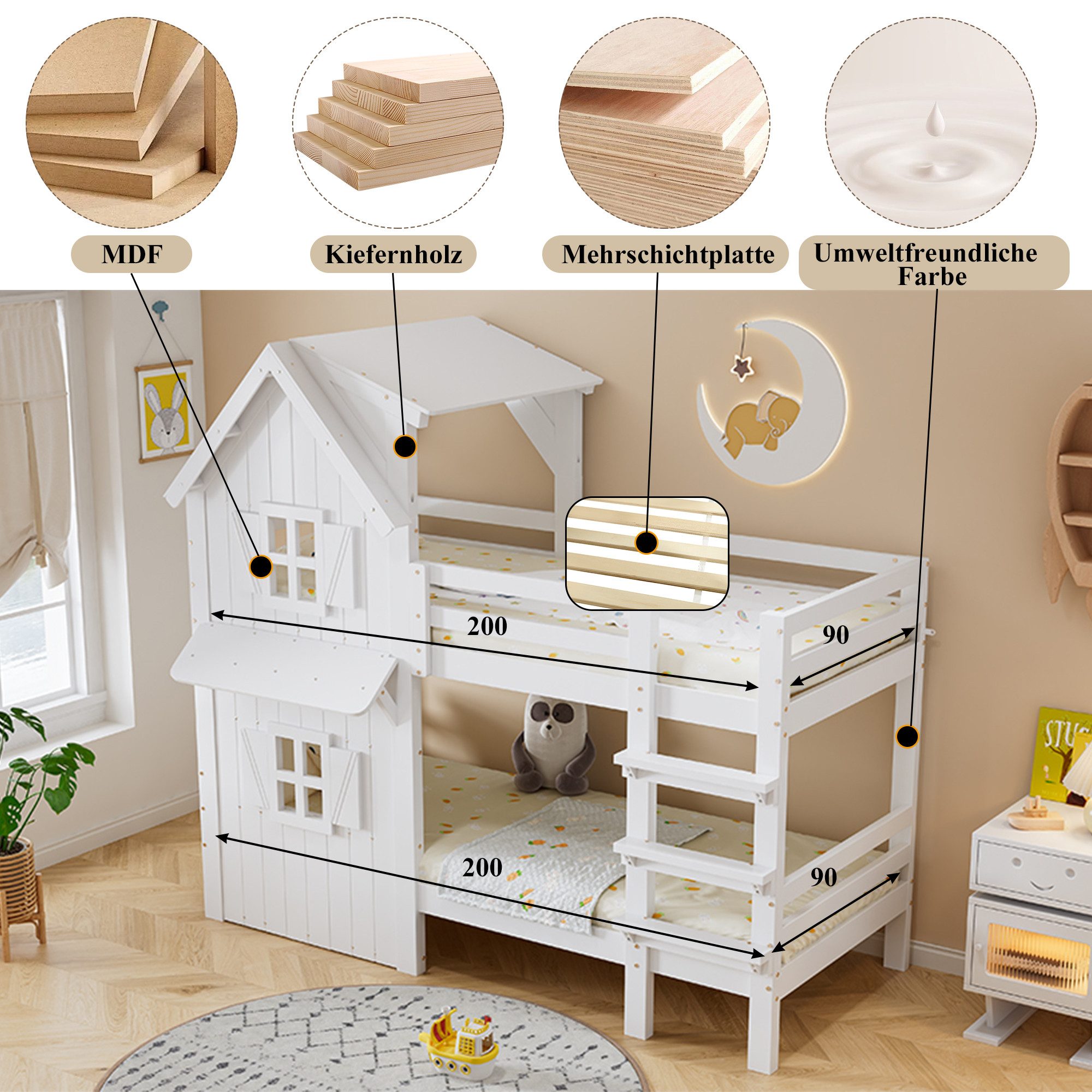 Merax Etagenbett mit Dach & Fenstern (1-St., Jugendbett Stockbett Doppelbett Hausbett), Kiefer Kinderbett 90x200cm mit seitlichen Sicherheitsgeländern, Leiter – Bild 5 von 5