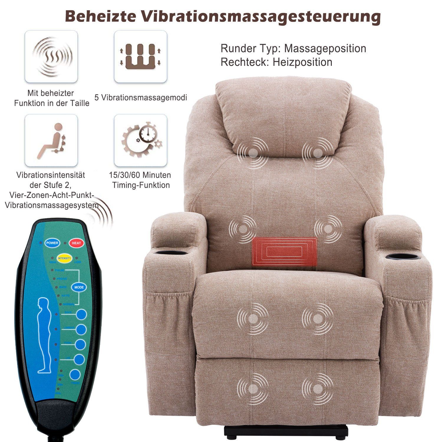 Seitentaschen für Hellgrau verstellbarer verstellbarer mit und Stoff-Liegesofa), Fernbedienung ältere TV-Sessel (Massagesessel Massagesessel Getränkehaltern, OKWISH Elektrisch Menschen, elektrisch Sesse, 2