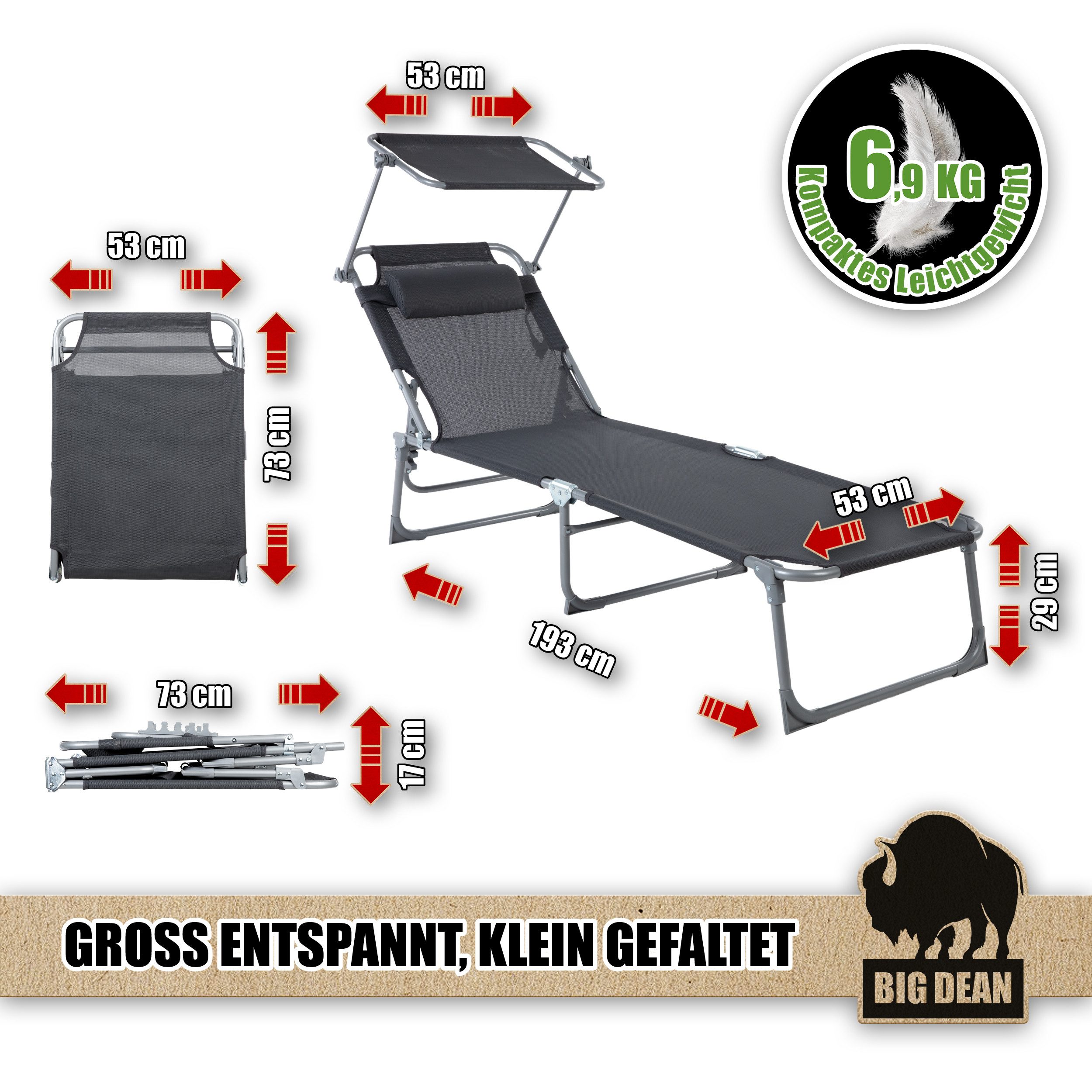 BigDean Gartenliege Sonnenliege klappbar mit Kopfkissen & Dach extra hoch dunkelgrau 150kg, Packung, 1 St., Liege, 3-Bein, Mit Kopfkissen, Extra Sonnendach, Garten, Balkon, Strand