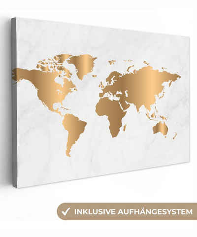 OneMillionCanvasses® Leinwandbild Weltkarte - Gold - Marmoroptik - Luxus - Design, Weltkarte - Gold - Weiß (1 St), Wandbild Leinwandbilder, Aufhängefertig, Wanddeko, 60x40 cm
