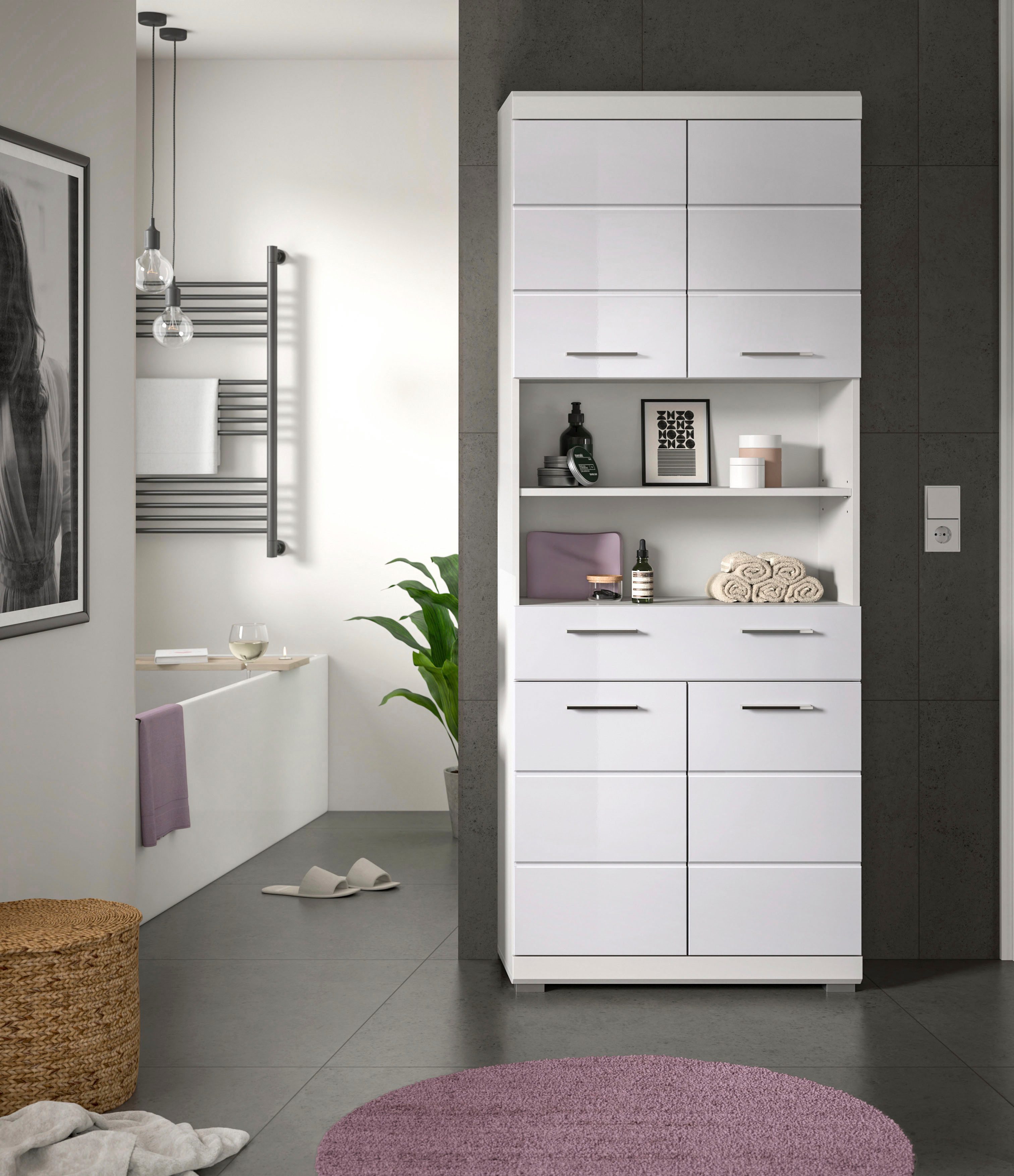welltime Hochschrank SIENA, Breite 74cm, 4 Türen, 1 Schubkasten, 2 offene Fächer, MDF-Front (TOPSELLER) in verschiedenen Farben erhältlich, Badmöbel, Badschrank, Schrank, Bad