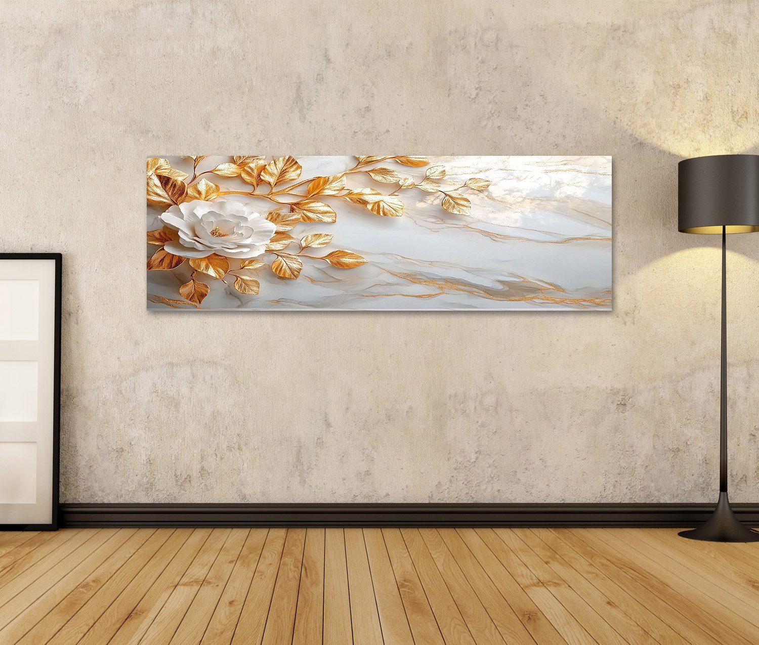 islandburner Leinwandbild Goldene Blätter und weiße Blume auf Marmor 1 Wand günstig online kaufen