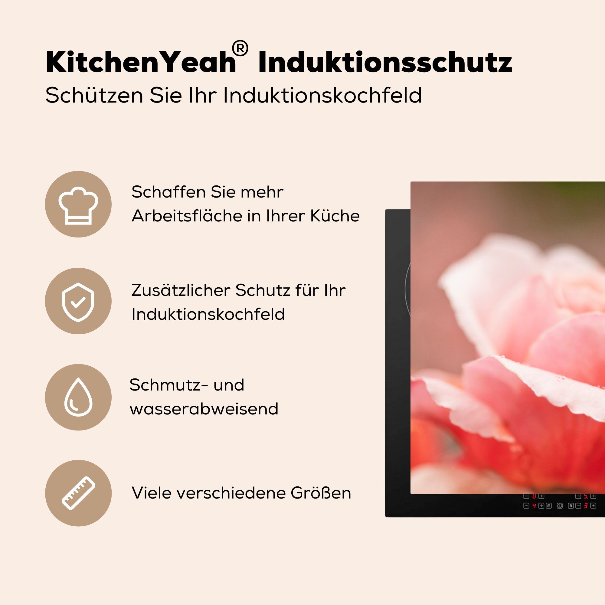 - Rose 81x52 MuchoWow (1 Induktionskochfeld Rosa, für Schutz cm, - tlg), küche, Ceranfeldabdeckung die Vinyl, Herdblende-/Abdeckplatte Blumen