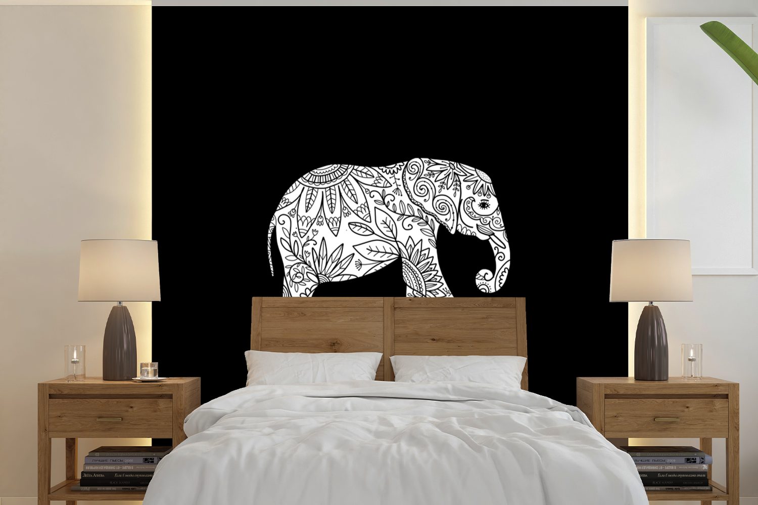 Elefant bedruckt, Tapete Vinyl Muster (5 - MuchoWow Wandtapete - Matt, Blau für Wohnzimmer Schlafzimmer, - oder St), Weiß, Fototapete