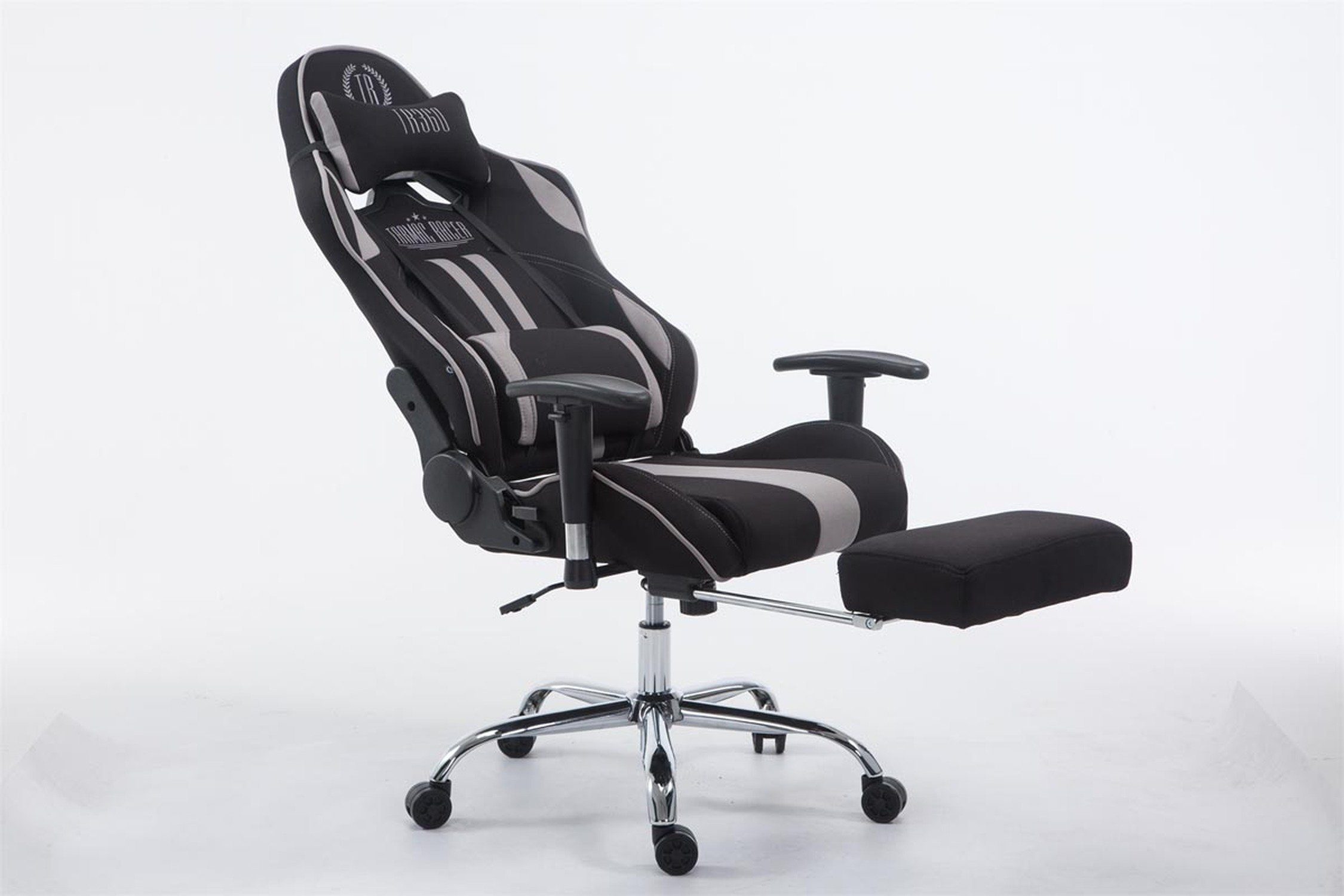 TPFLiving bequemer - Racingstuhl, und Metall Stoff Chefsessel), (Schreibtischstuhl, Gestell: Sitzfläche: - chrom mit drehbar Limitless höhenverstellbar Rückenlehne Drehstuhl, schwarz/grau Gaming-Stuhl 360° Gamingstuhl,