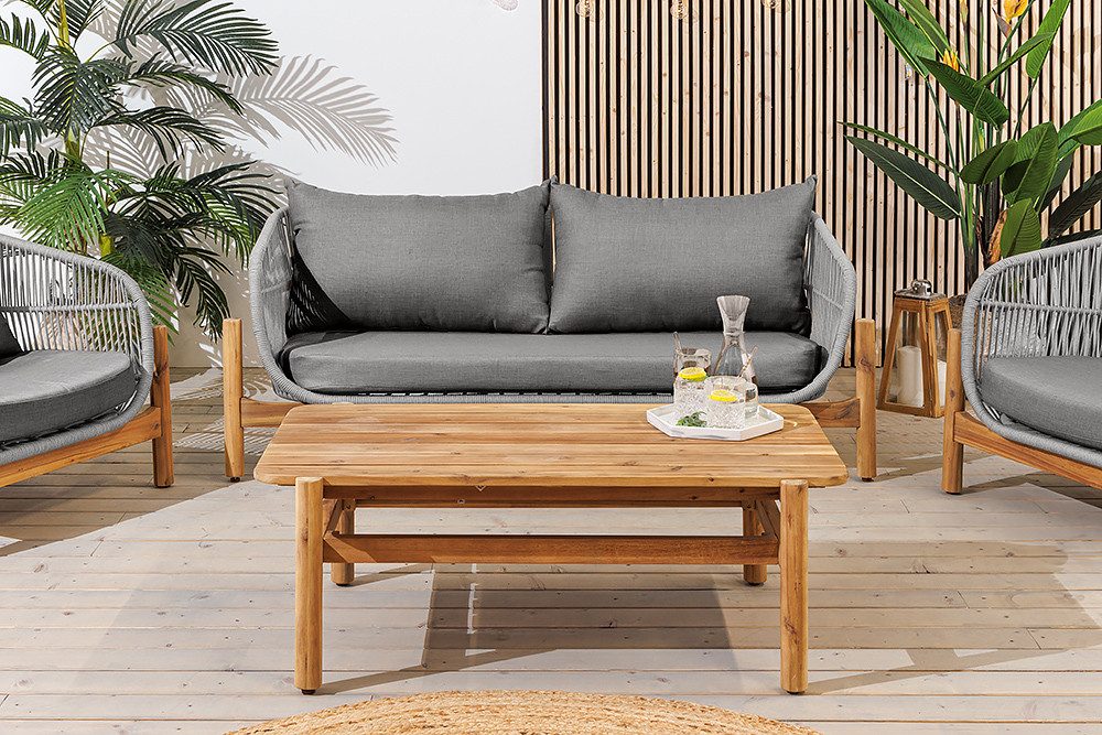 riess-ambiente Loungeset ROPE grau/natur - Akazie, Outdoor, wetterfest, Sofa, Tisch, 2x Sessel, (Set, 4-tlg), Boho Gartenmöbel für Terrasse & Balkon - aus Massivholz & Aluminium