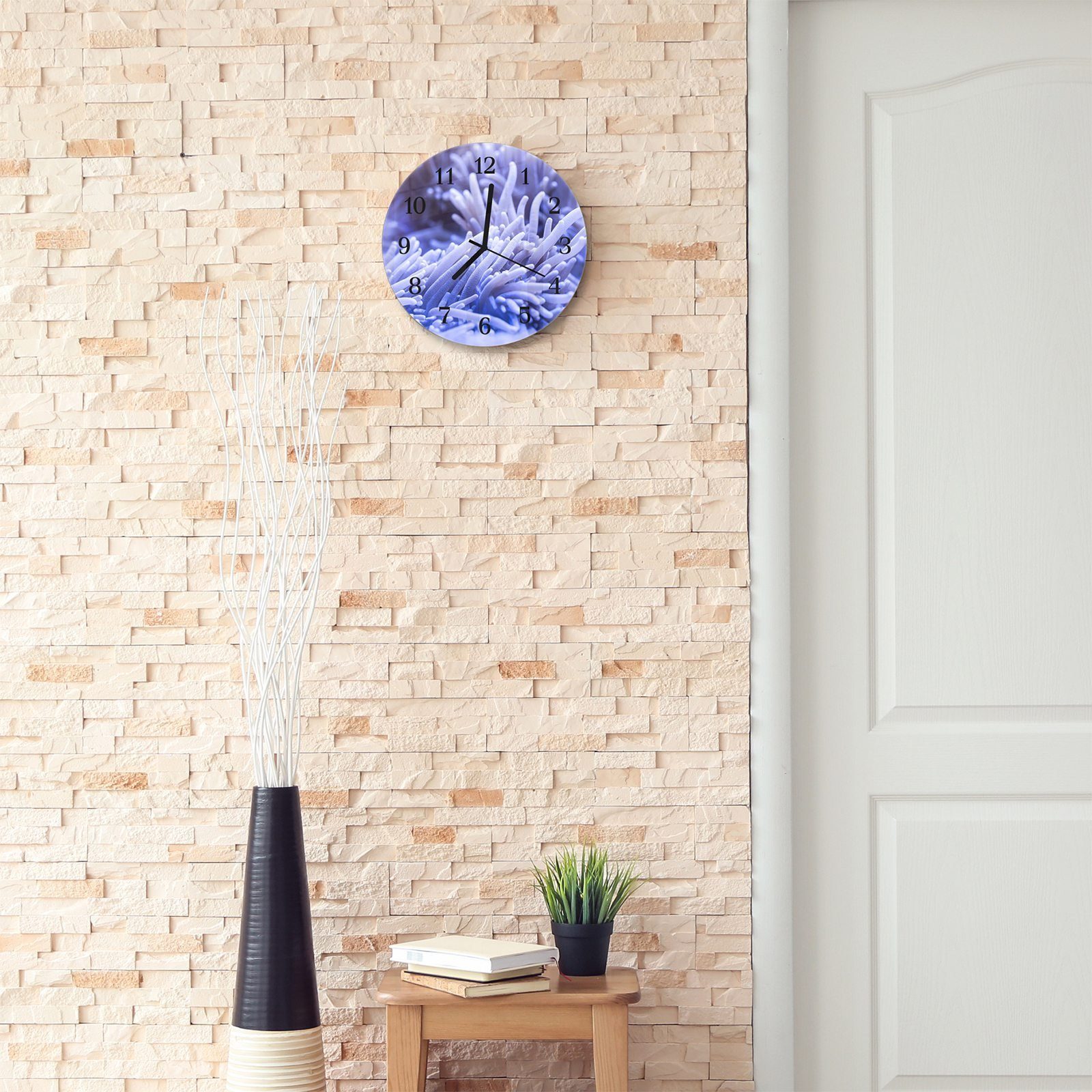 Primedeco Wanduhr Wanduhr Anemone Quarzuhrwerk mit und Glas aus Rund cm Durchmesser 30 mit - Motiv
