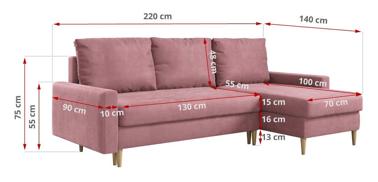 MKS MÖBEL Ecksofa Lang, Holzmesser, kronos Rose Kissen, Schlaffunktion lose für Behälter Bettwäsche