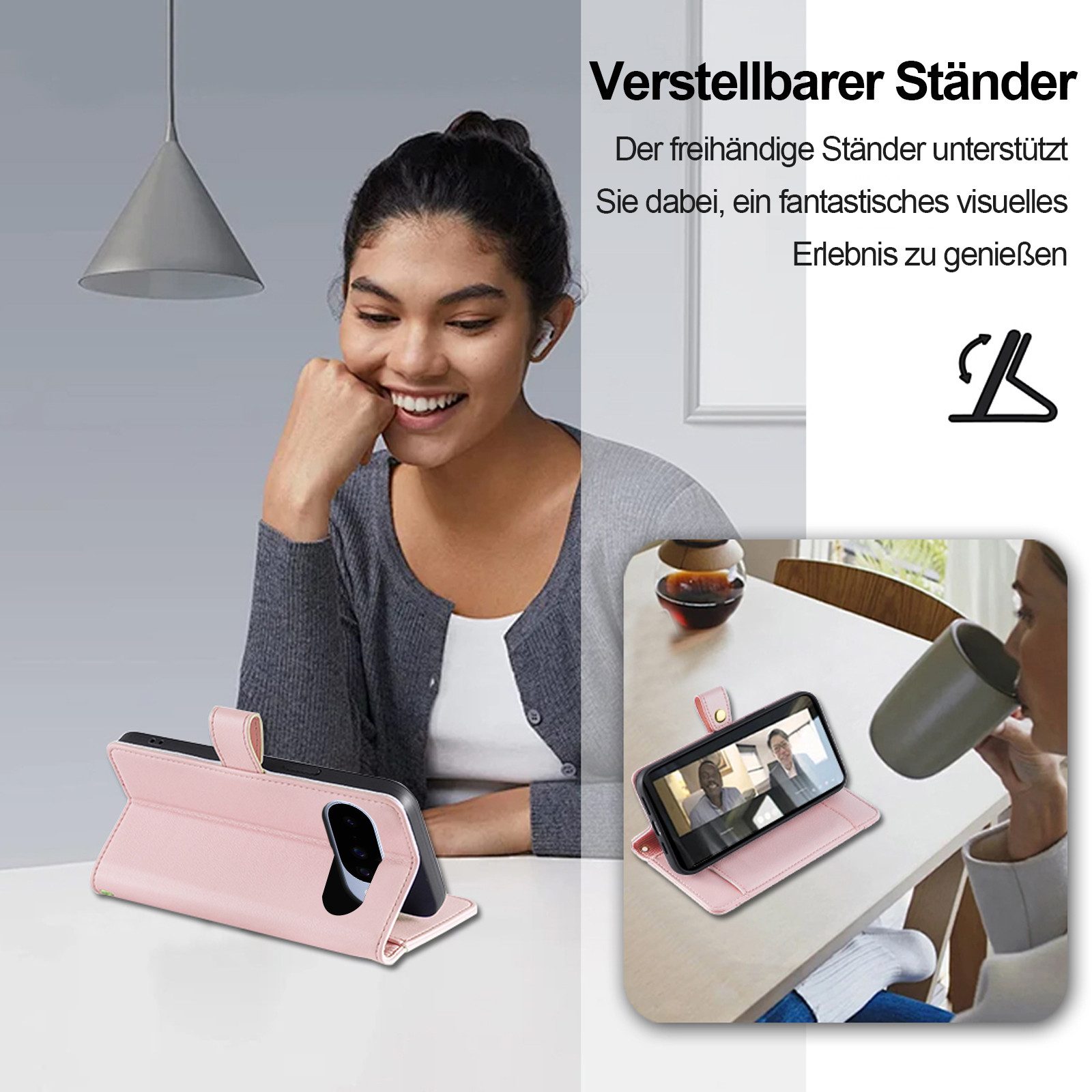 betterfon Handykette für Google Pixel 10 / 10 Pro mit Band Kartenfächer PU Leder Rosa, Hände frei - mit Silikonhülle & Schnur für flexiblen Alltag – Bild 3 von 5