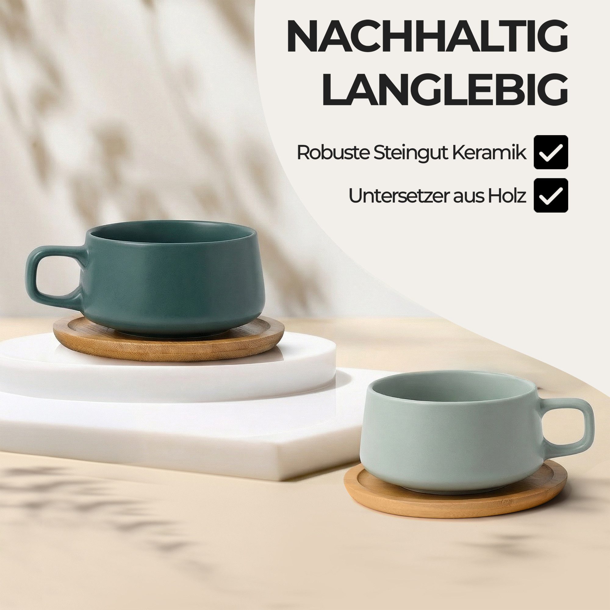 MiaMio Cappuccinotasse Luxe Evergreen Grün, 8-tlg., Keramik, 320 ml, mit Holzuntersetzern