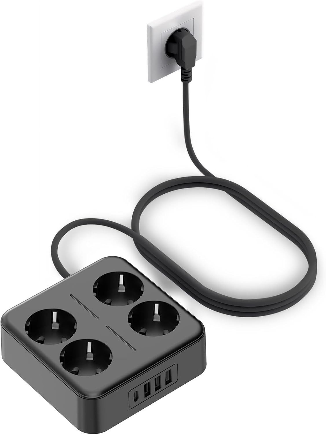 ShenzhenJilongLightingElectricalAppliances Co.,Ltd. Mehrfachsteckdose 4x Schuko 5x USB (4A + 1C) 4000W Schutzfunktionen Mehrfachsteckdose 9-fach (Schuko-Steckdosen, Kurzschlussschutz, USB-A, Überspannungsschutz, USB-C, Kurzschlussschutz, Überlastschutz), Mehrfachsteckdose für Haus Büro, kompakt, robust, 4000 W 2 m Kabel