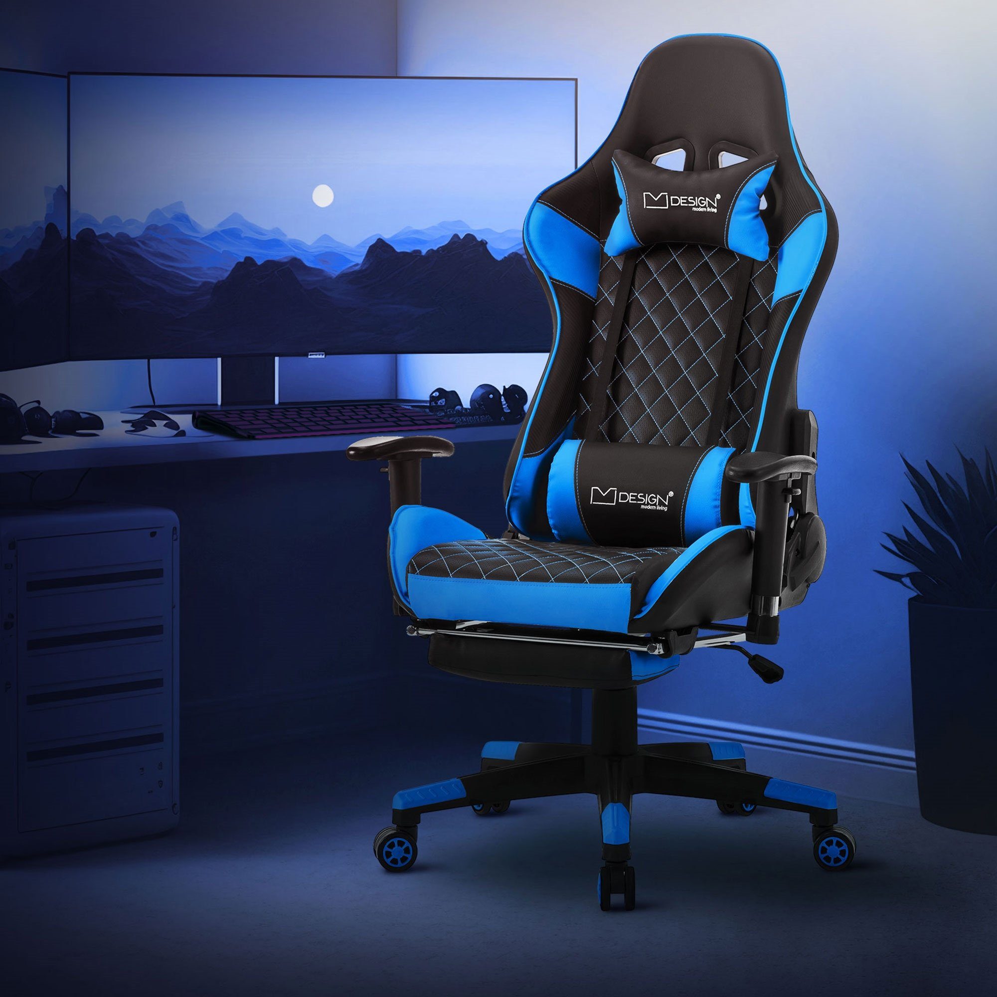 ML-DESIGN Gaming-Stuhl Gaming Stuhl mit Fußstütze Ergonomischer Bürostuhl mit Armlehne, aus Kunstleder, Kopfstütze, Lendenkissen, Drehstuhl verstellbar Schwarz, Blau