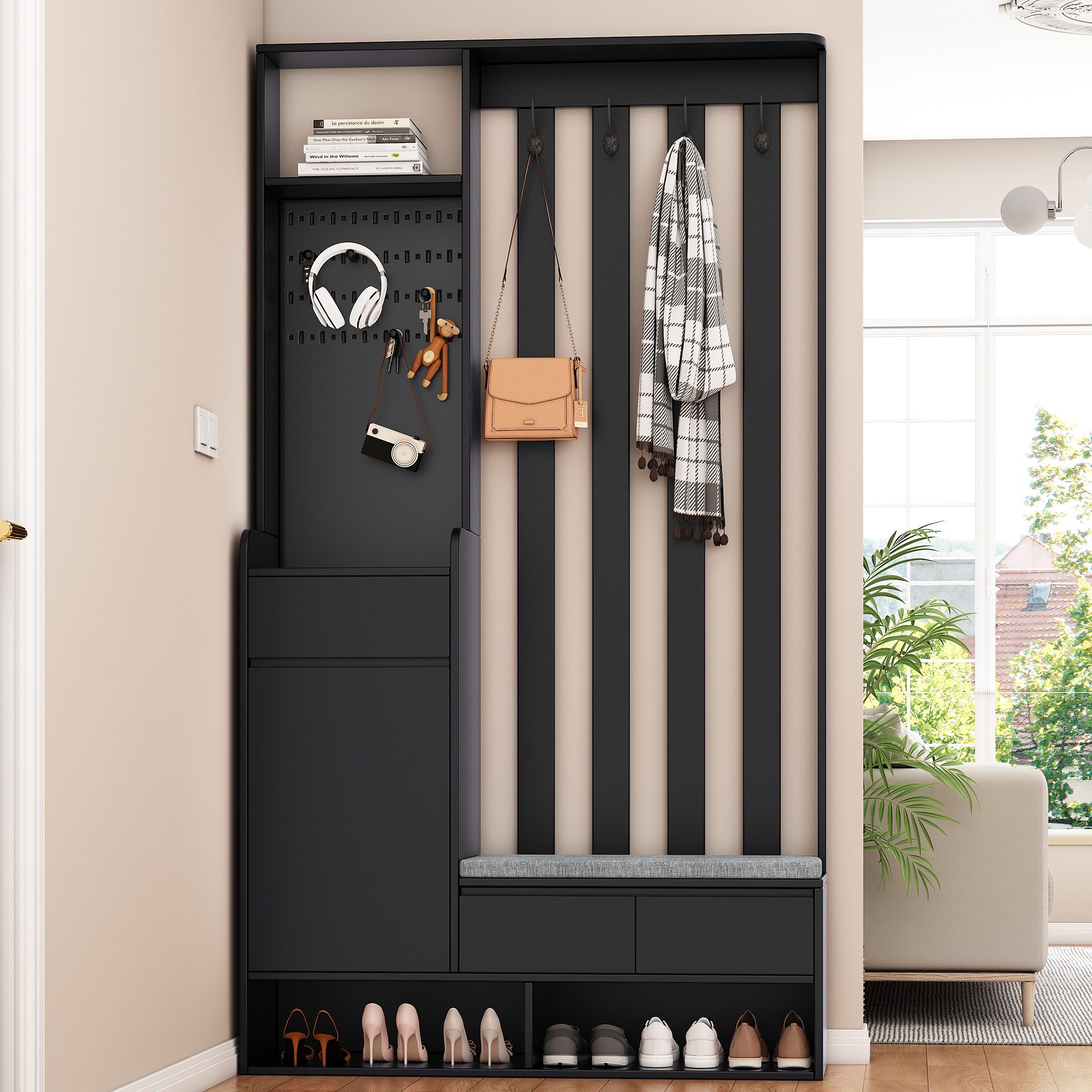 IDEASY Garderobenständer H180*B100*T35 cm, Garderoben-Set mit Bank und Schuhablage, (moderne Garderobe mit 4 Haken für Eingangsbereich, Waschküche), mit gepolsterter Aufbewahrungsbank, Flur-Schuhschrank mit Stecktafel