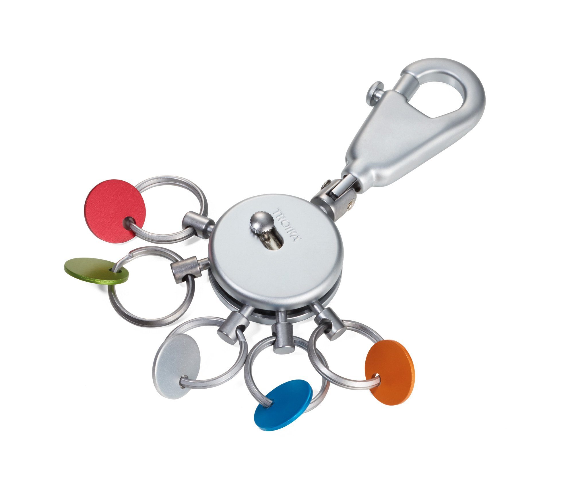 TROIKA Schlüsselanhänger TROIKA PATENT SCHLÜSSELHALTER – KYR61/MC – rund,  matt – Schlüsselanhänger - Karabinerhaken – 6 ausklinkbare Ringe - farbige  Plättchen zur Zuordnung der Schlüssel