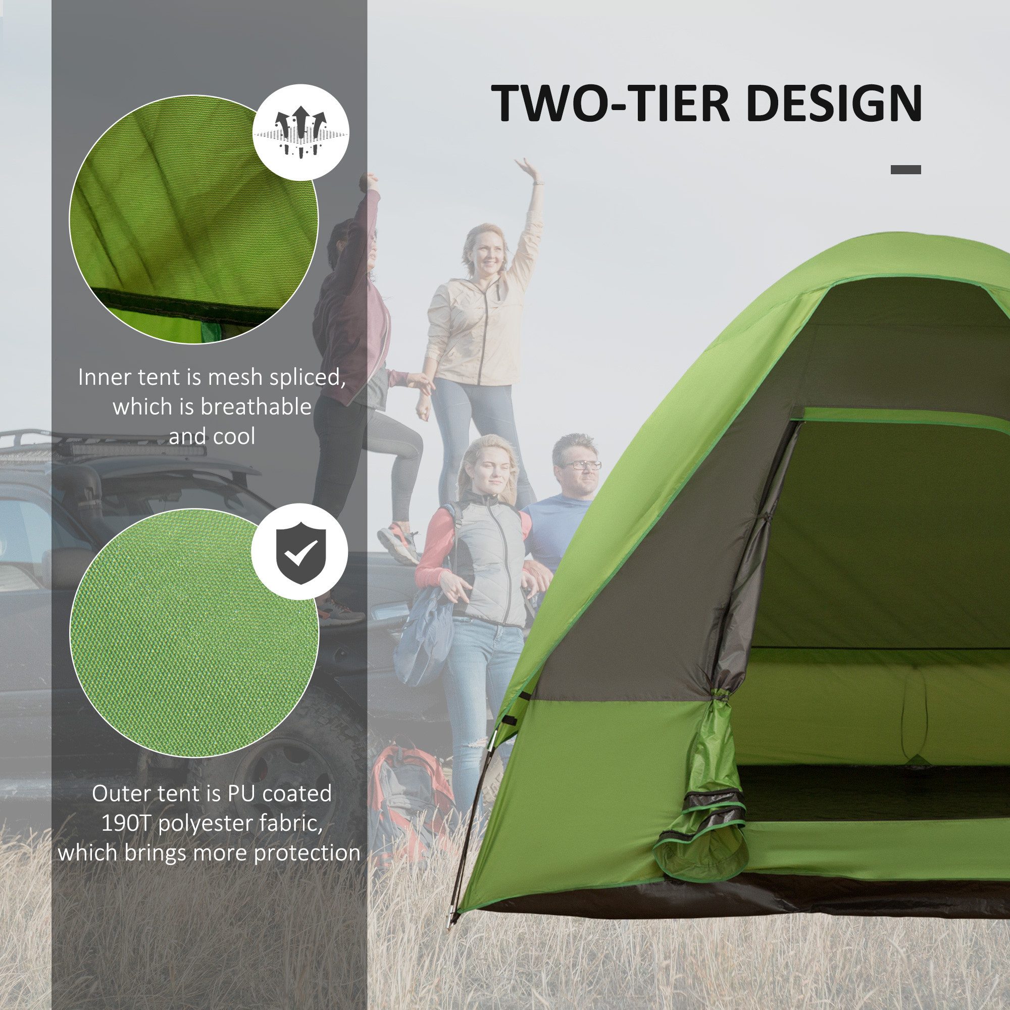 MC Star Kuppelzelt Campingzelt Autozelt für 4-5 Personen, 300 x 300 x 230 cm, (aus Glasfaser & Polyester, grün, ideal für Outdoor-Abenteuer)