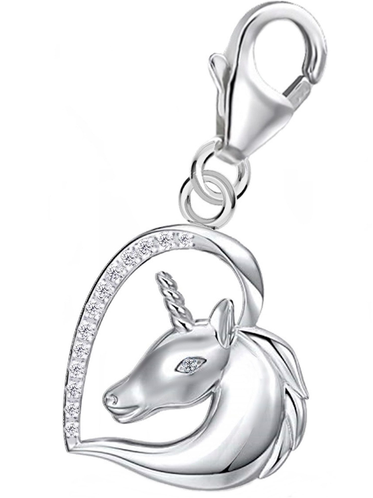 Goldene Hufeisen Charm Herz Pferd Herz Einhorn Karabiner Charm Anhänger 925 Silber mit Zirkonia, Rhodiniert