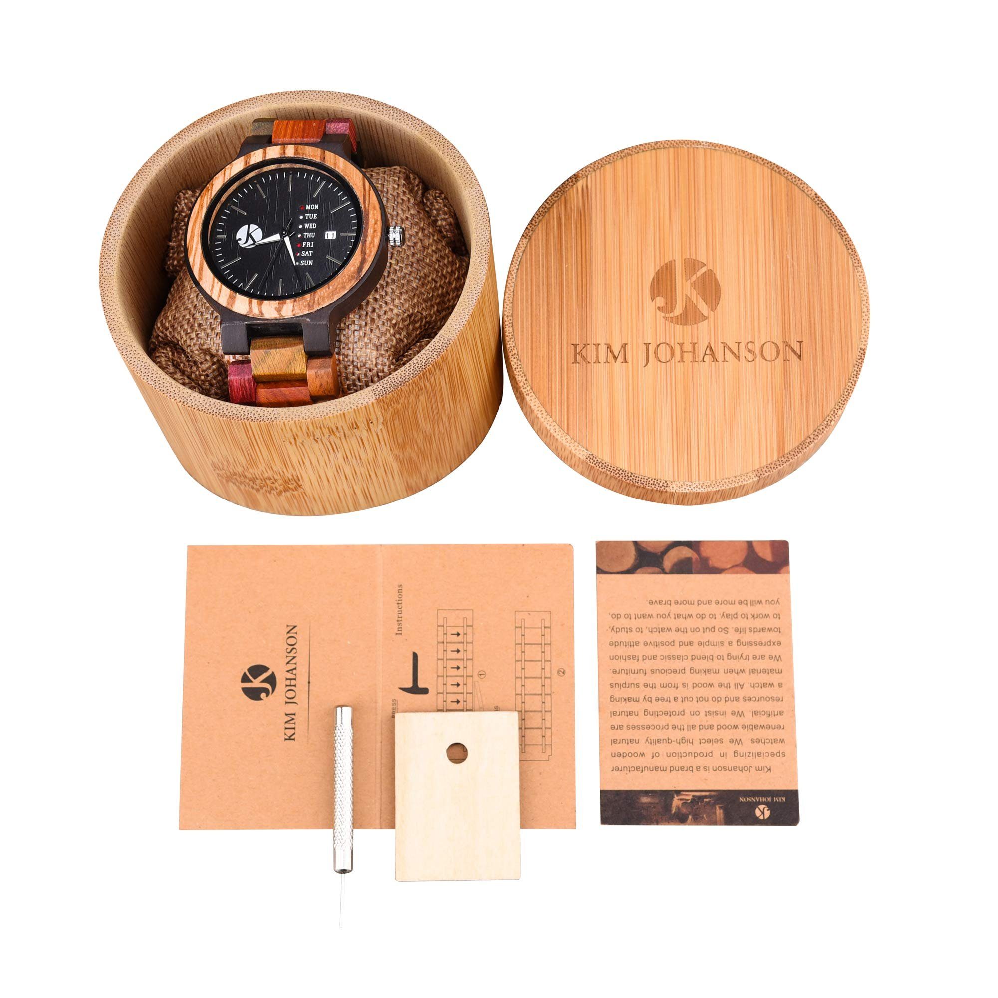 Kim Johanson Quarzuhr Week Damen Holzuhr mit Datums und Tagesanzeige, (Mit Werkzeug)
