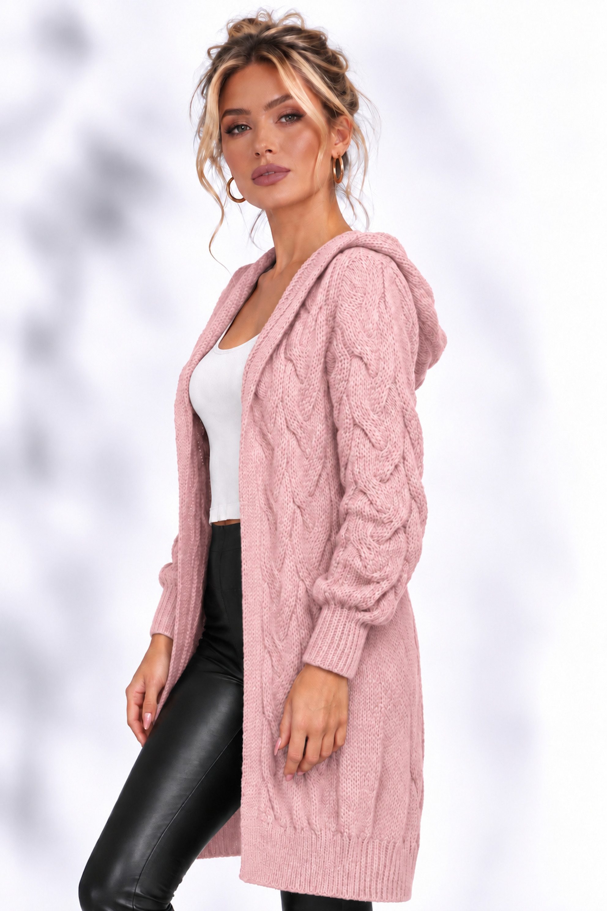 Worldclassca Kapuzenstrickjacke Worldclassca lange Strickjacke Zopfmuster Cardigan Kapuze Bolero Neue Kollektion - Stilvolle und gemütliche Strick Mode für Dame – Bild 2 von 3
