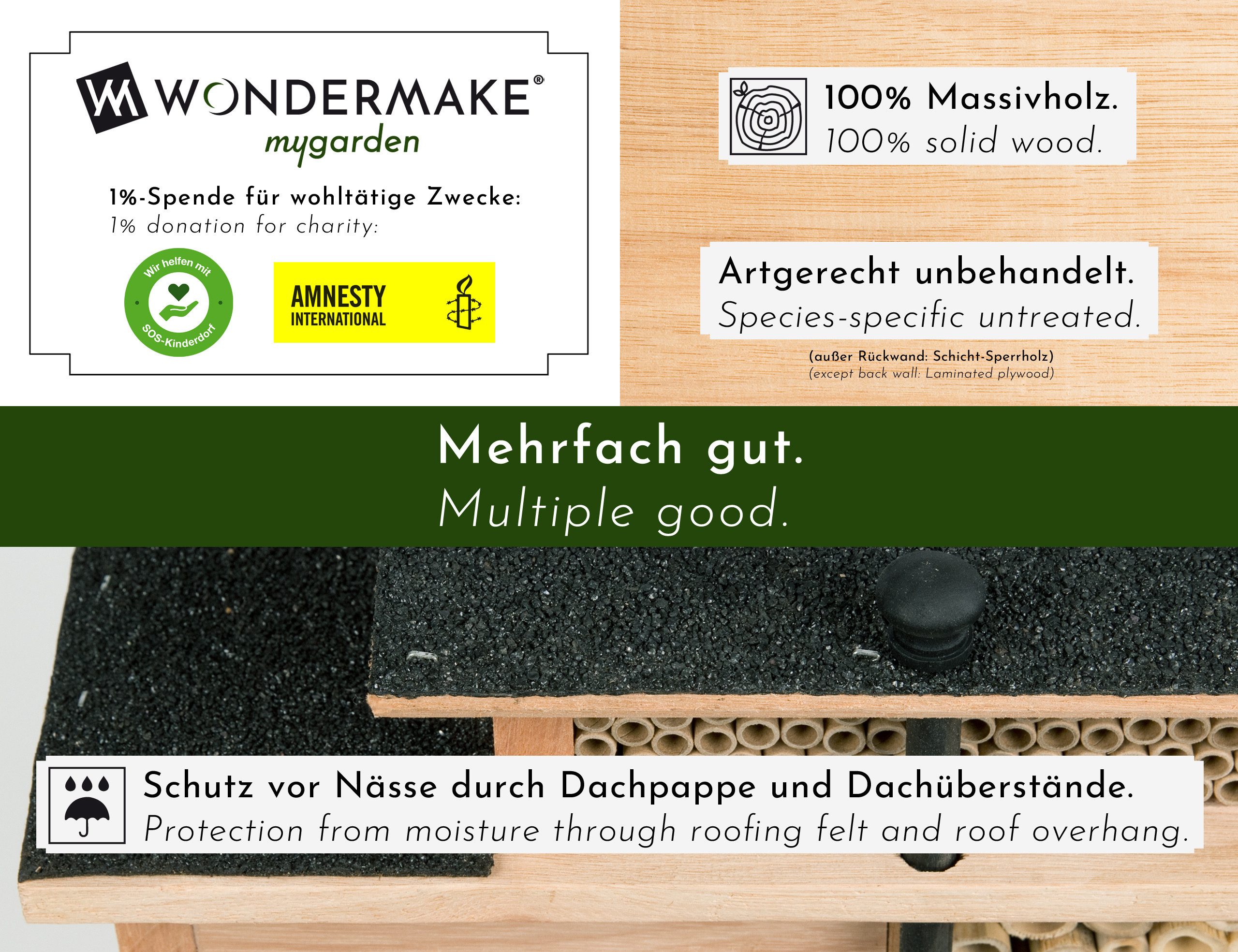 WONDERMAKE Insektenhotel Holz, Bienenhotel Bienenhaus Insektenhaus Wildbienenhotel Insekten, Wildbienen Nisthilfe groß, hängend / stehend Garten Balkon wetterfest