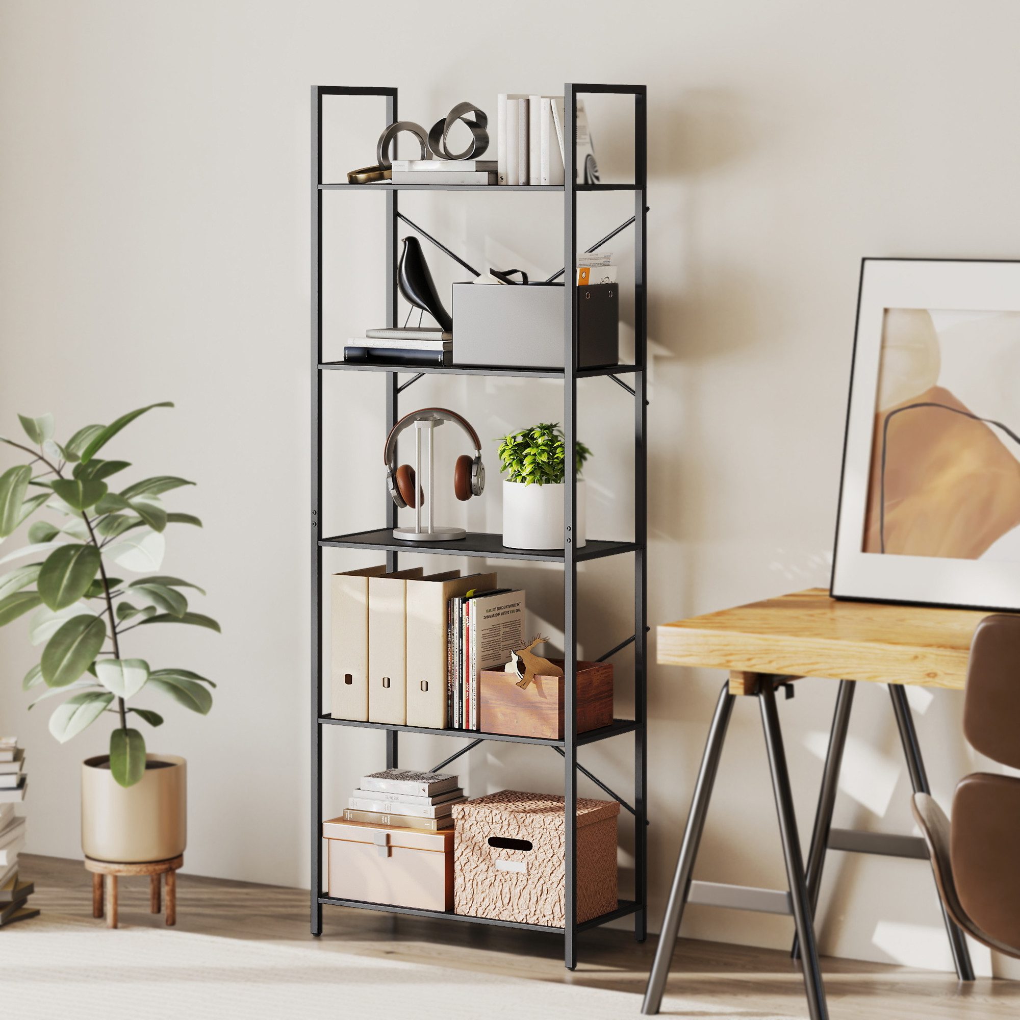 HOMCOM Bücherregal Industrielles Büroregal mit Metallrahmen, offenes Standregal, Standregal mit 5 Ebenen 1-tlg., für Wohnzimmer, Büro, Arbeitszimmer, 60x30x170,5 cm, Schwarz