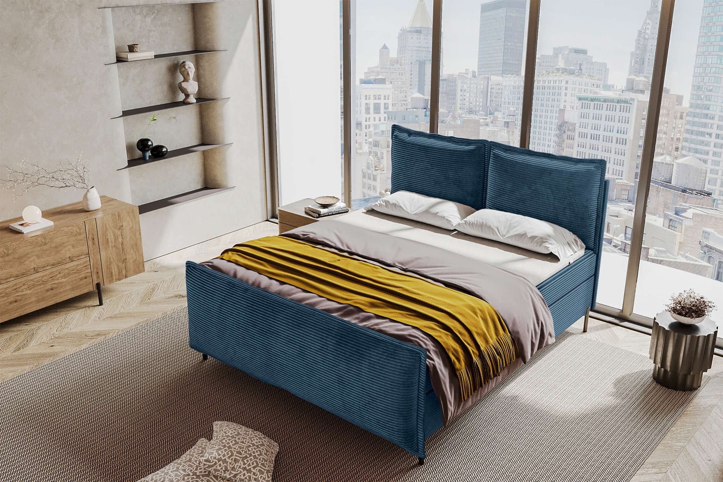99rooms Boxspringbett Vero Plus (Schlafzimmerbett, Bett), 140/160/180/200x200 cm, in Cord POSO, mit Topper, Bettkasten