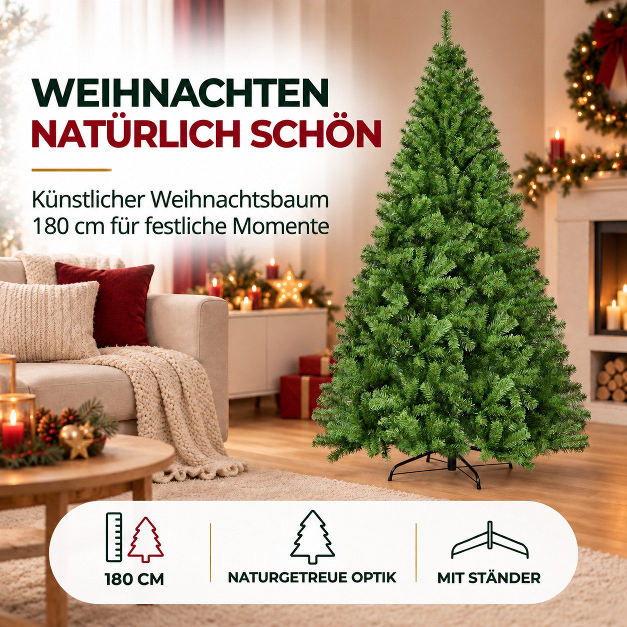 Weihnachtswunder® Künstlicher Weihnachtsbaum Künstlicher Weihnachtsbaum in Nordmanntannen-Optik, grün, 180 cm, Nordmanntanne – Bild 2 von 5