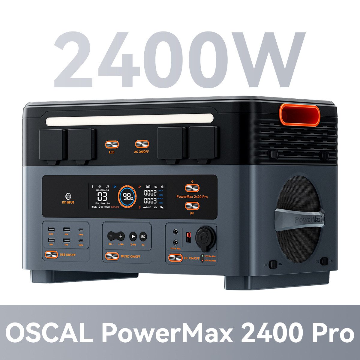 OSCAL Stromerzeuger Mikro-Wechselrichter PowerMax 2400Pro Powerstation 2016Wh, 2,4 in kW, Trennbar/mit Stereo/Strom ins Netz rückspeisen/16 Anschlüsse
