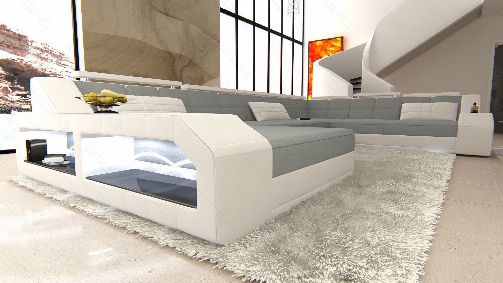 C76 Hellgrau-Weiss U Matera Sofa Dreams Sofa Form XXL LED, wahlweise Schlafsofa, mit als Designersofa Wohnlandschaft Couch, mit Stoff Bettfunktion Polster Stoffsofa