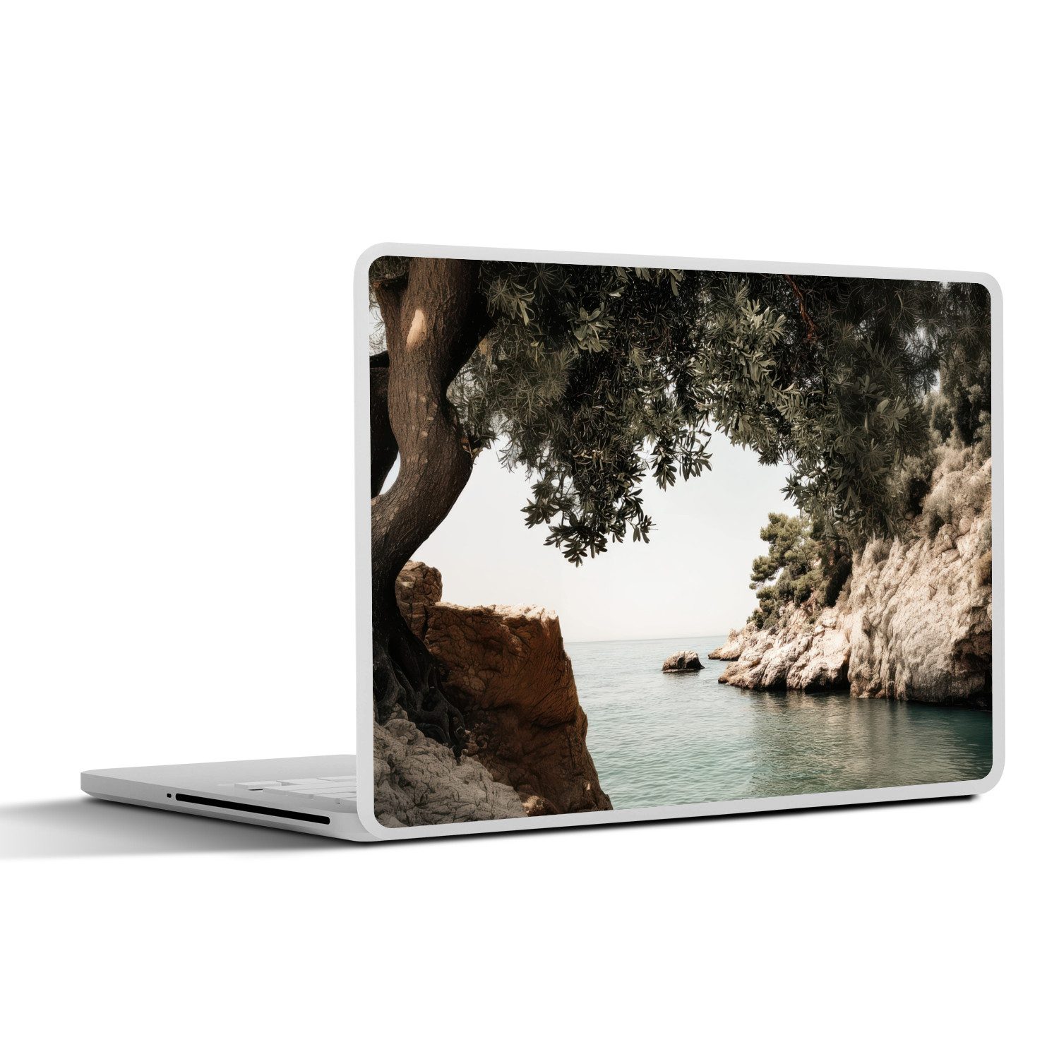 MuchoWow Laptop-Aufkleber Felsen - Meer - Baum - Grün, (1tlg), Laptop Folien Cover, Aufkleber, Sticker, Schutz vor Kratzern, 25x18 cm