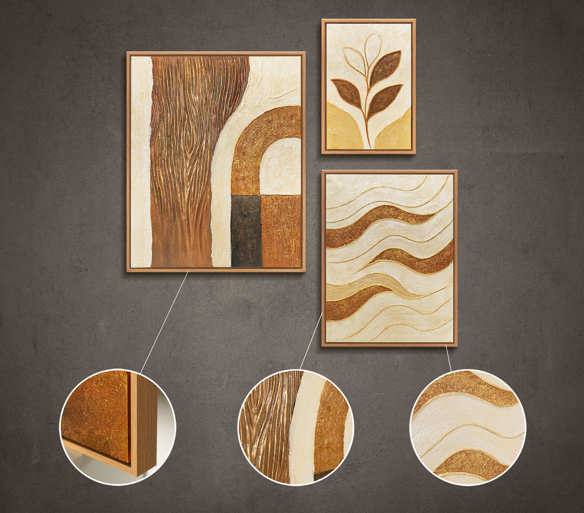 YS-Art Gemälde "Im Rhythmus der Natur", Wellen (Set, 3 St), Leinwandbilder Set Abstrakt in Beige & Braun - Bilderset Wohnzimmer