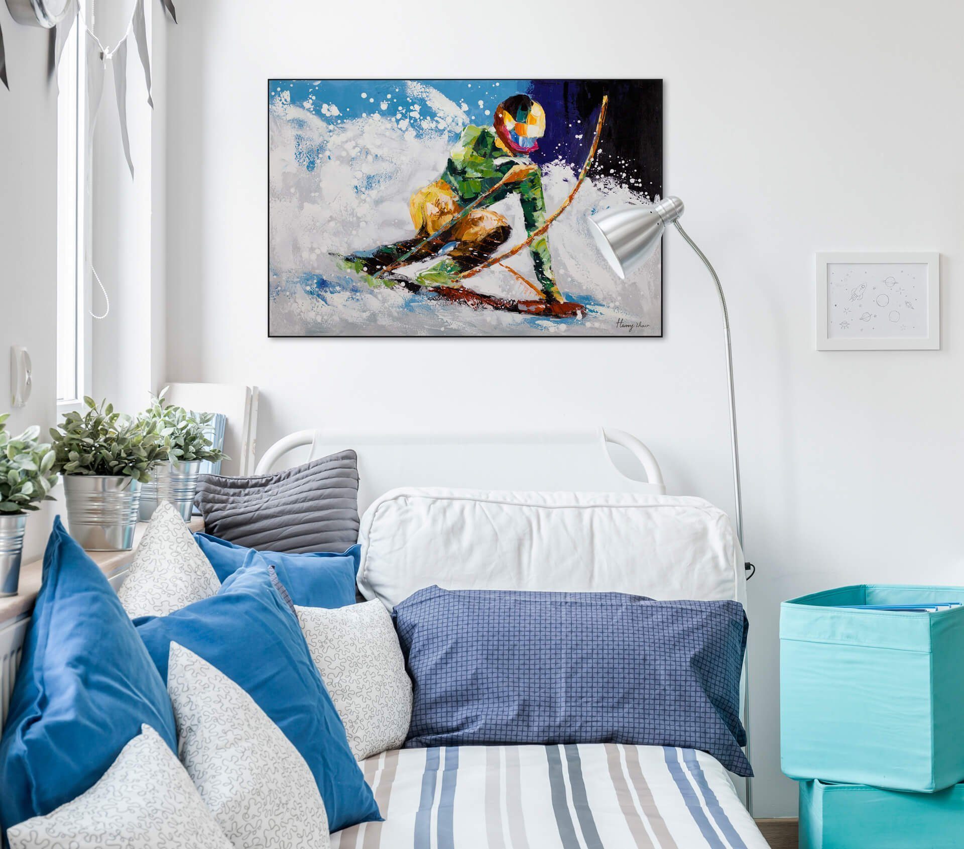Wohnzimmer Gemälde Wandbild 90x60 Snow the Ride Leinwandbild cm, HANDGEMALT in 100% KUNSTLOFT