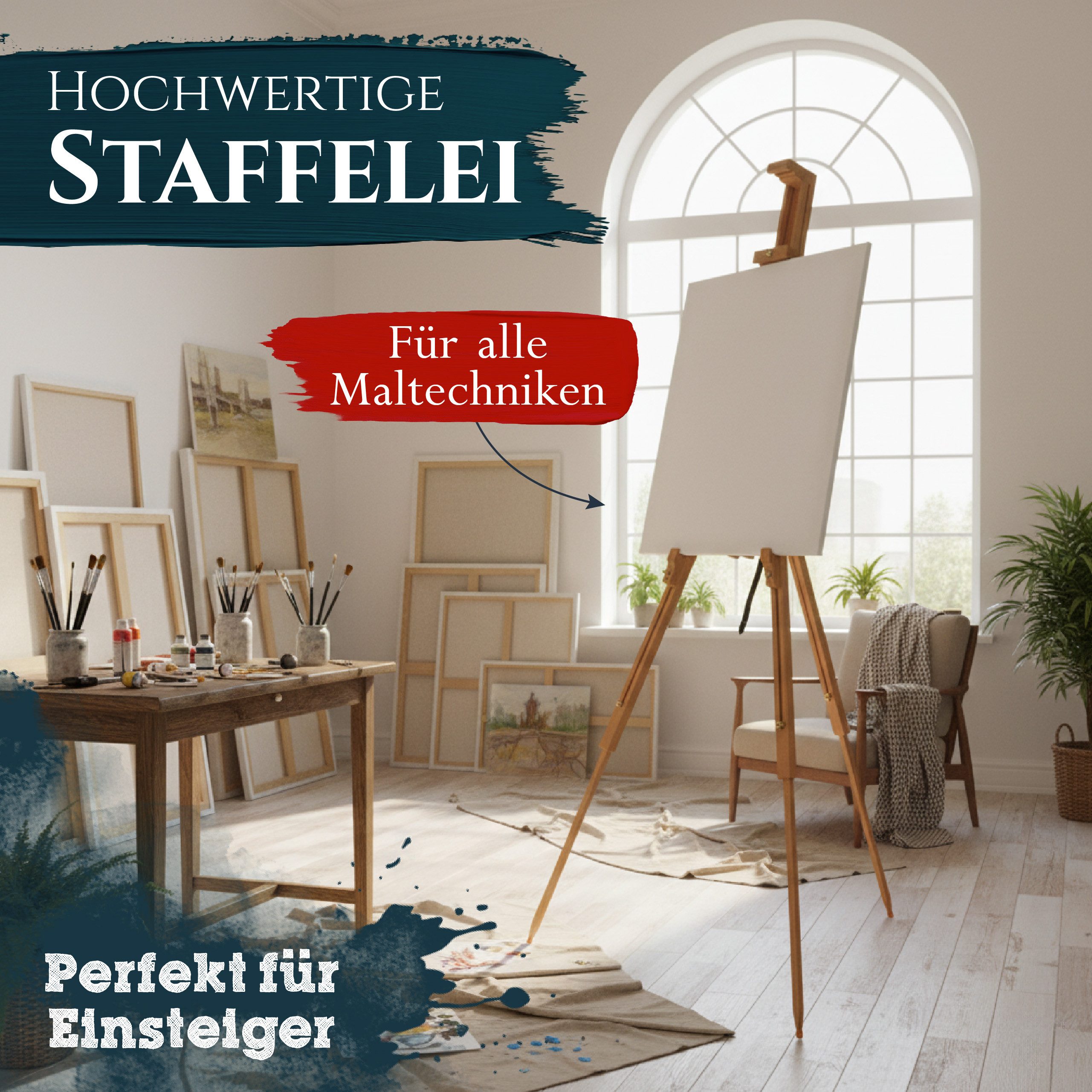 Artina Staffelei Staffelei Holz für Leinwände bis 100 cm Porto Neigungswinkel 90°, Stufenlos Verstellbar Tragbare Atelierstaffelei Feldstaffelei Buche