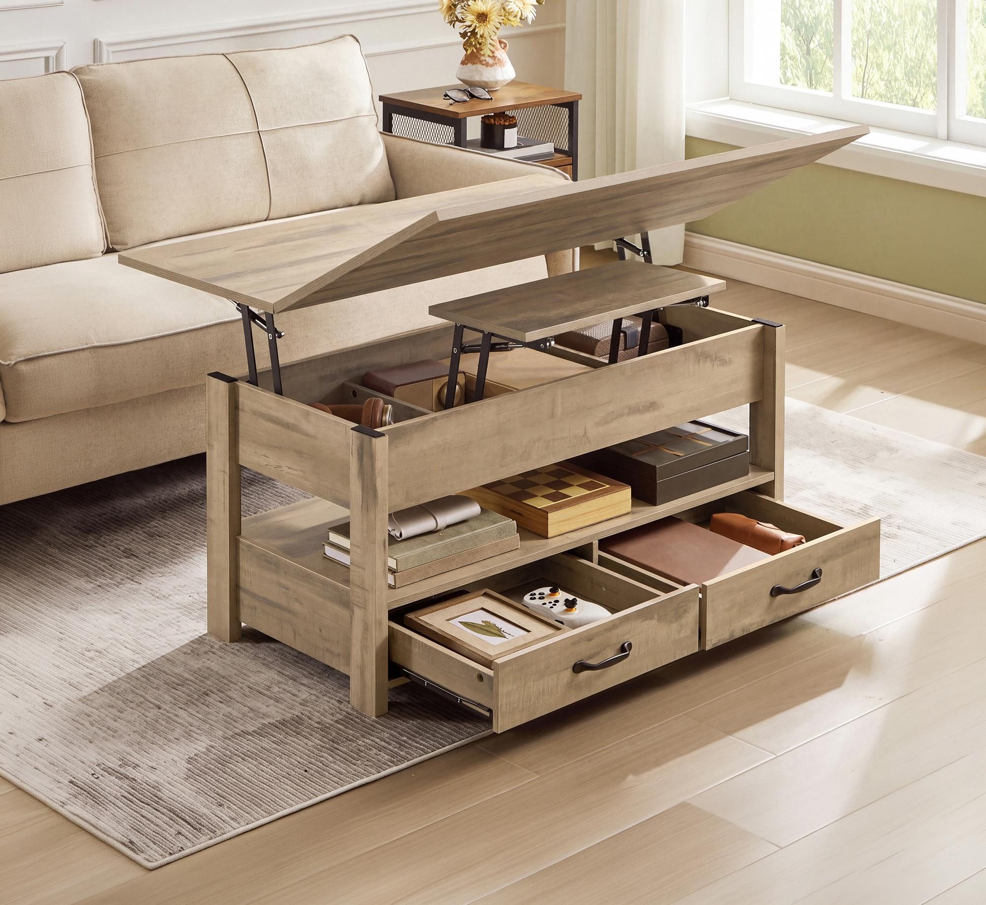 VASAGLE Couchtisch höhenverstellbar mit 2 hochklappbaren Tischplatten, Stauraum (multifunktional, inkl. Zubehörpaket & Anleitung), 2 Schubladen und Ablage, Wohnzimmertisch, braun