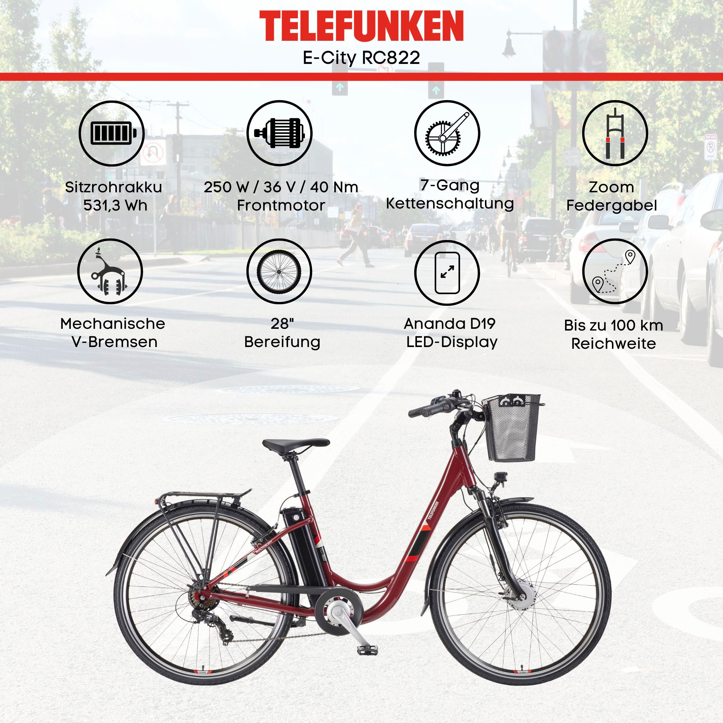 Telefunken E-Bike Cityrad Multitalent RC822, 7 Gang Shimano Tourney Schaltwerk, Kettenschaltung, Frontmotor, 531,3 Wh, (2 V-Bremsen, Beleuchtung, Straßenzulassung, ca. 100 km Reichweite), Elektrofahrrad, Damen Herren, 28 Zoll, 36,9 V, 531,3 Wh Akku, Pedelec