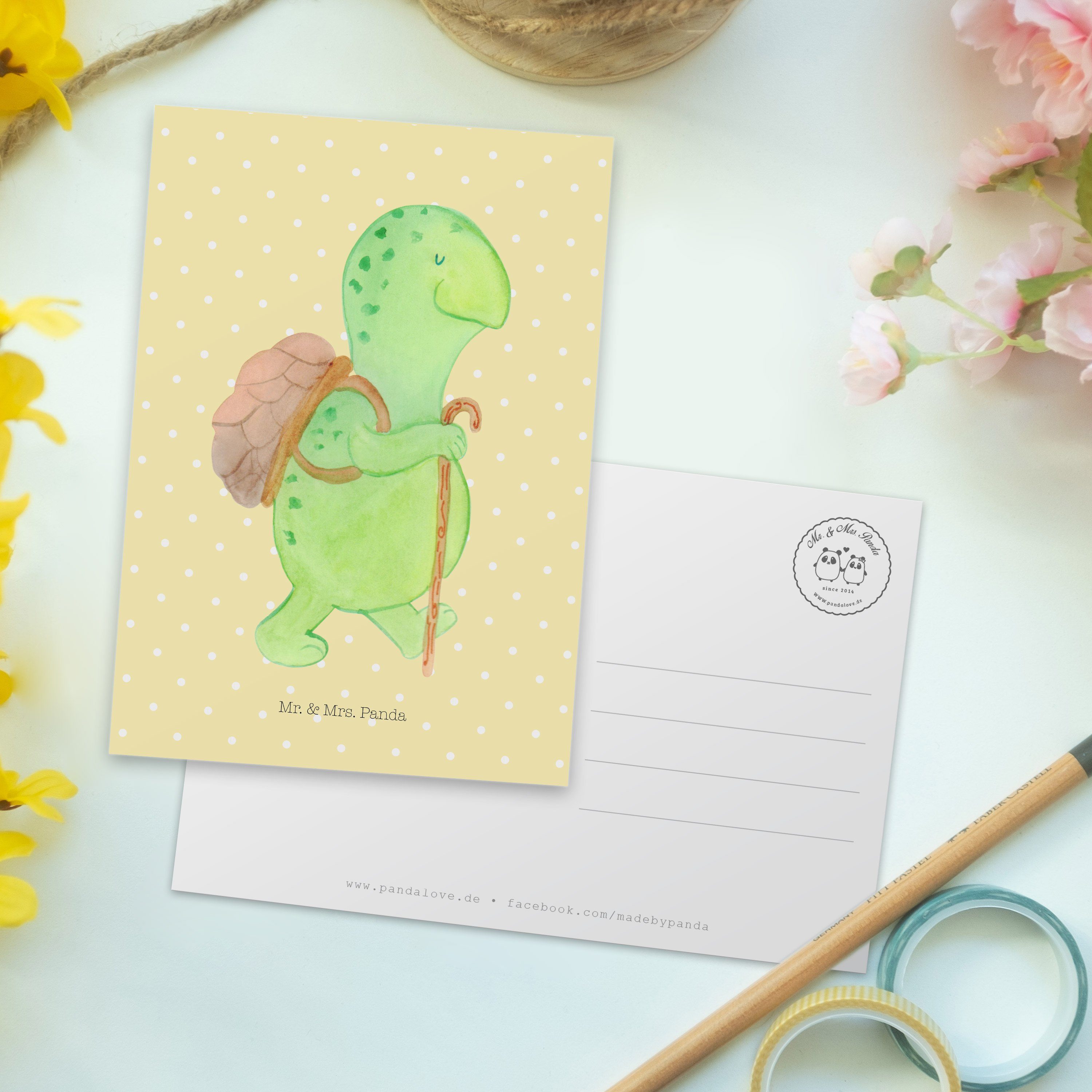 - Pastell Schildkröte Rucksa - Mr. Mrs. Postkarte Geschenkkarte, Gelb & Panda Geschenk, Wanderer
