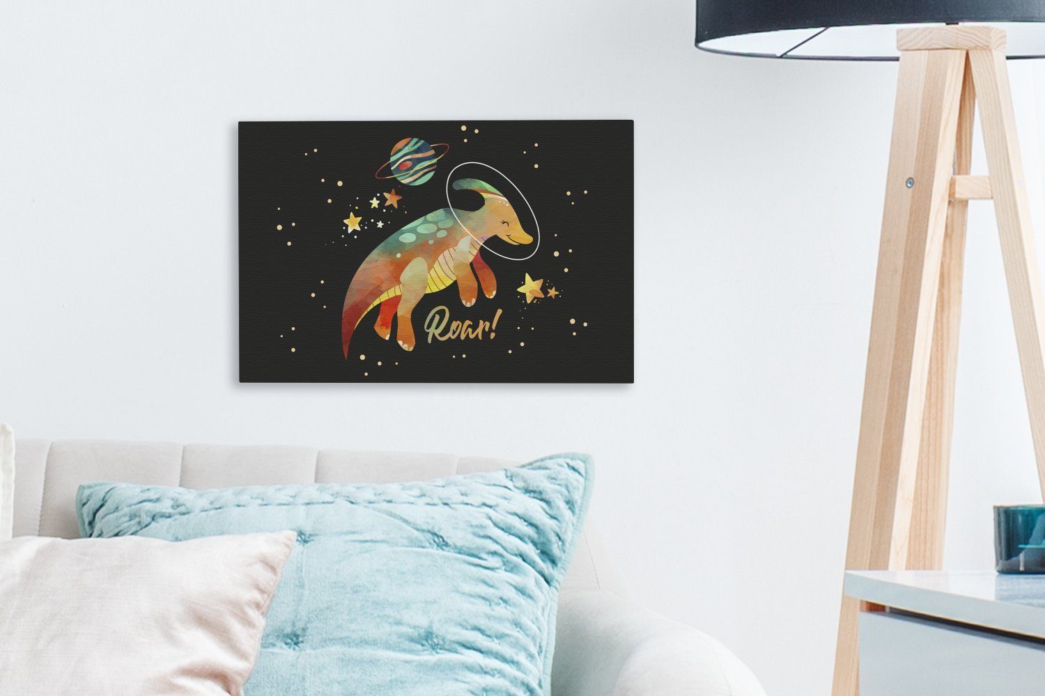 -, Leinwandbilder, Dinosaurier 30x20 (1 'Brüllen' - - - cm OneMillionCanvasses® Jungen Aufhängefertig, St), Leinwandbild Kinder - Zitate Wanddeko, - Wandbild Sprichwörter