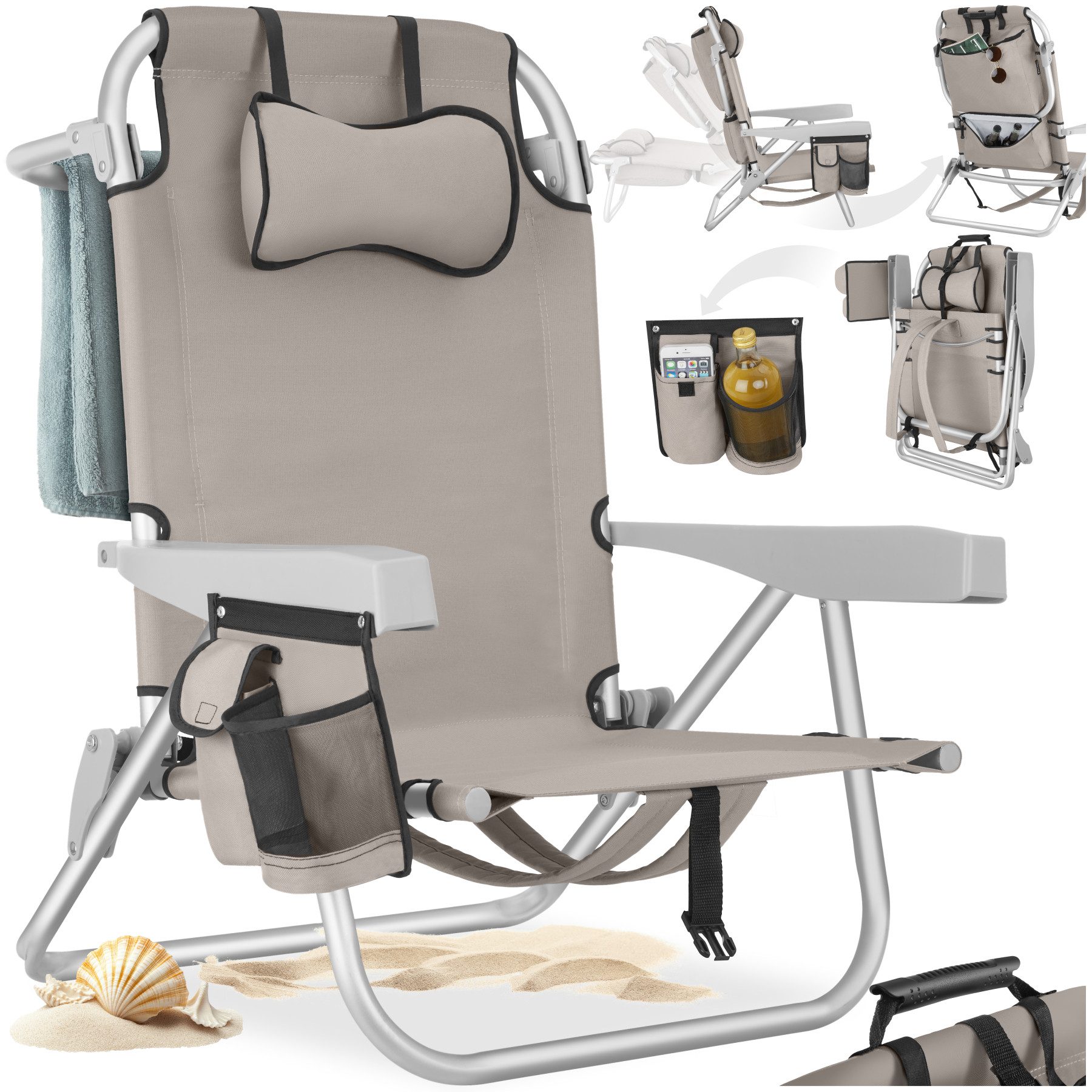 tectake Klappstuhl faltbarer Aluminium strandstuhl Coral - rucksackfunktion und (strandstuhl Coral, 1 St), 5-fach verstellbare Rückenlehne bis zur Liegeposition