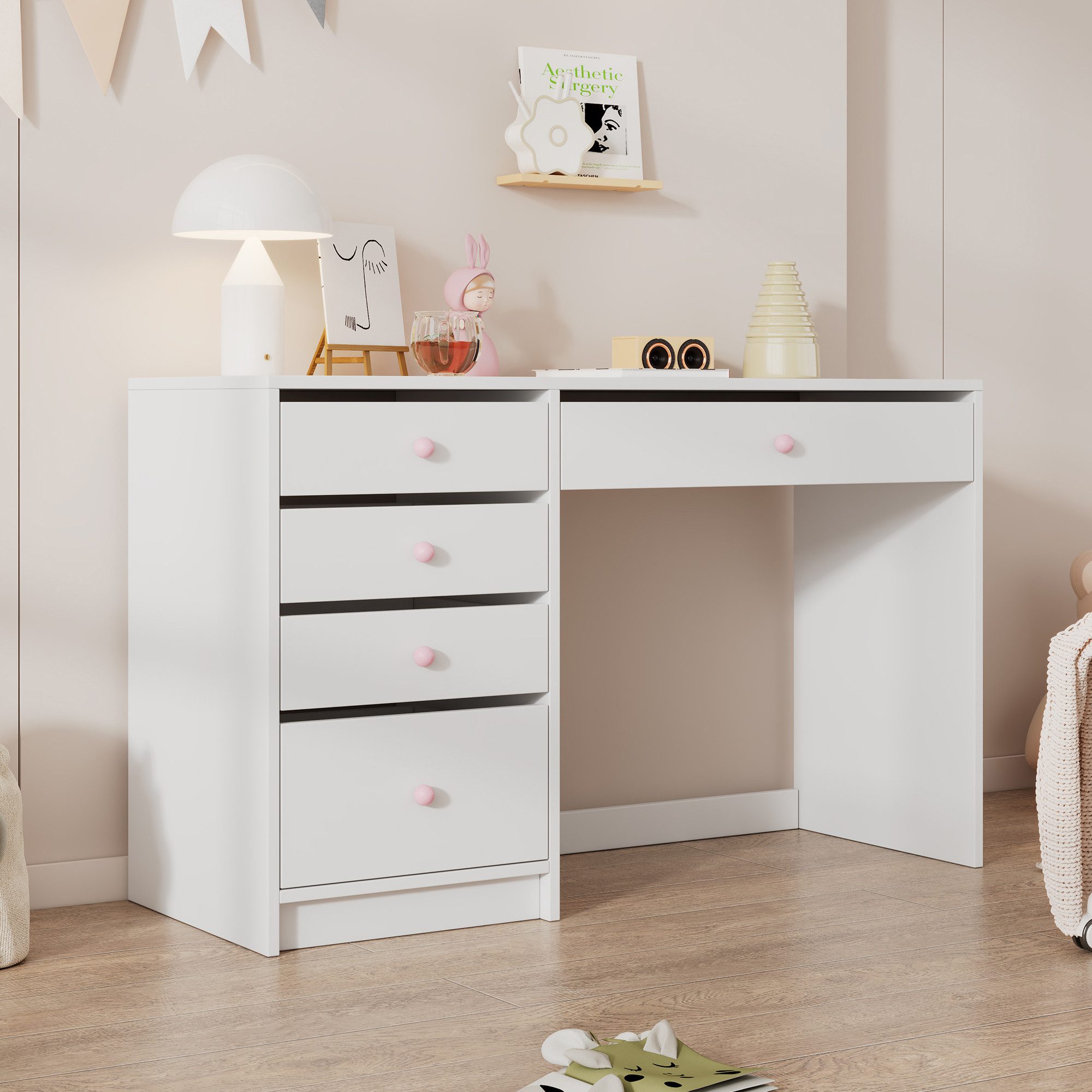 STILVORA Wohnzimmer-Set mit Schubladen,Schminktisch Schreibtisch mit Keramikgriffen,weiß, (Kinderschreibtisch, Computertisch, 1-St., 120×45×74 cm), mit 5 Aufbewahrungsschubläden