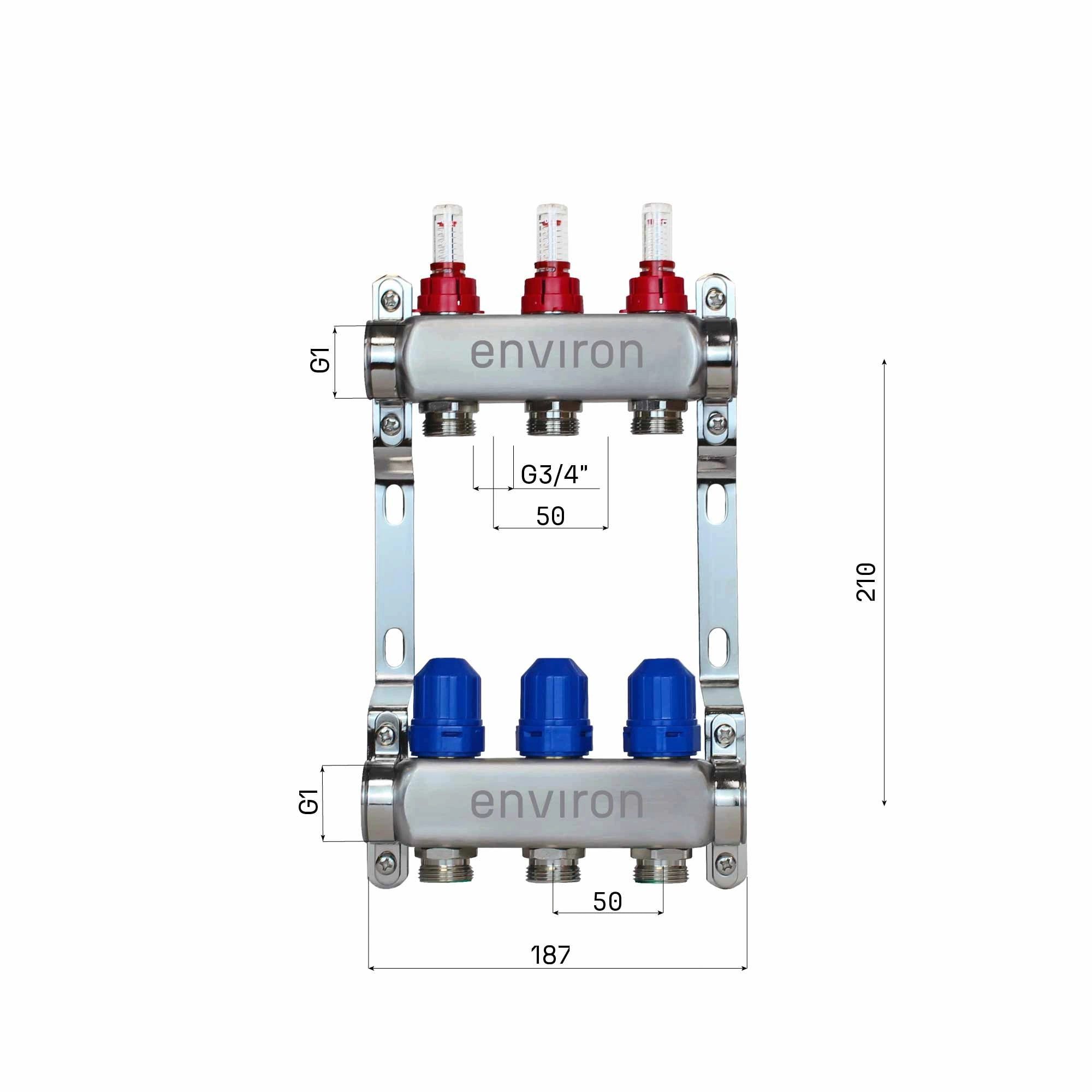 Environ Fußbodenheizung Edelstahl Heizkreisverteiler 2 - 12 fach - 3-fach