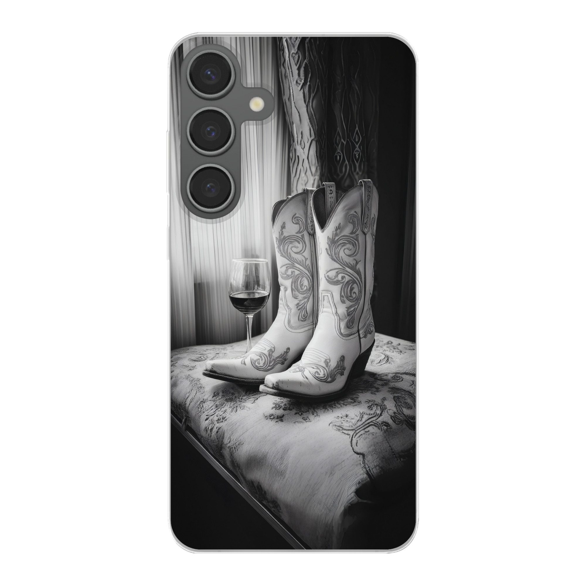 MuchoWow Handyhülle für Samsung Galaxy S24 Plus Wein - Cowboystiefel - Fensterlicht - Weiß, Phone Case, Silikon, Schutzhülle Dünn