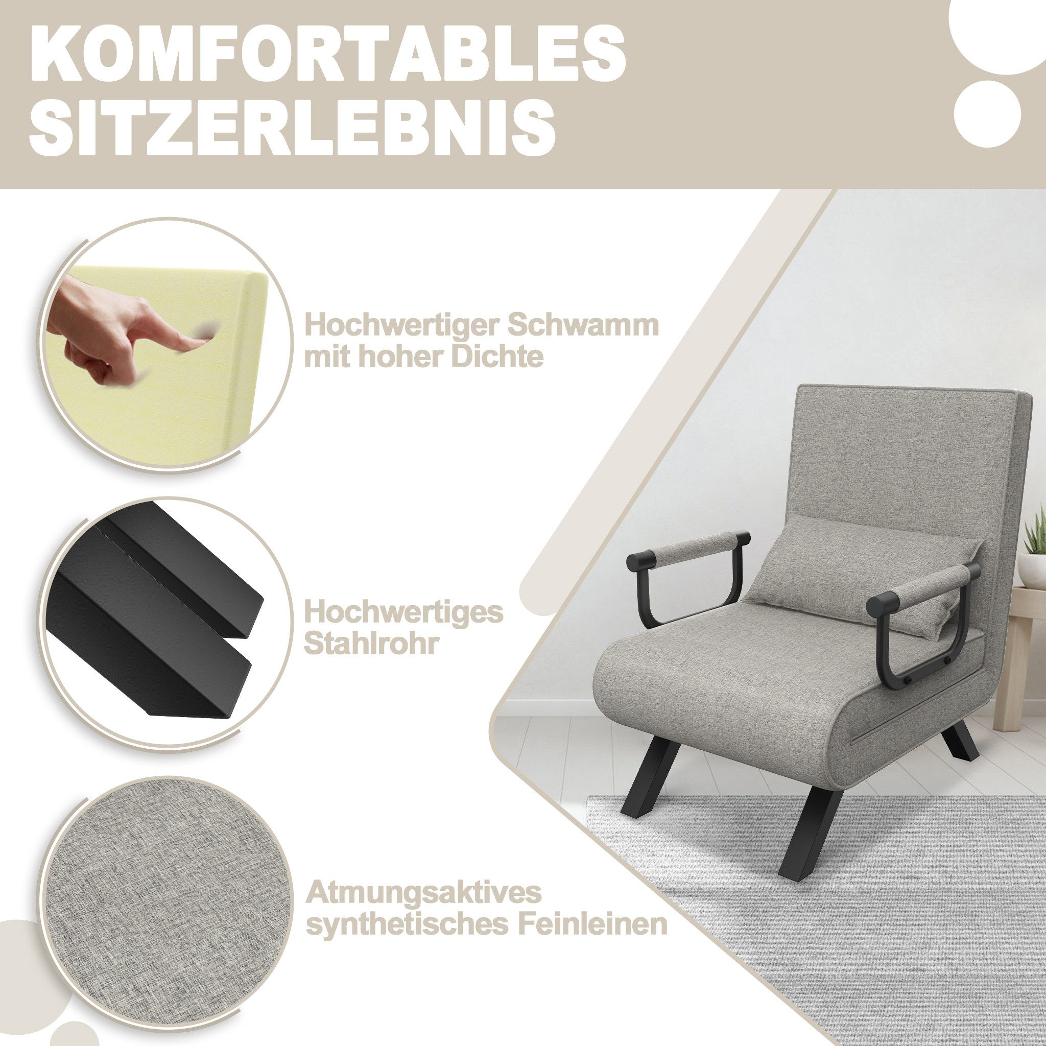 FIVMEN Sessel 3 in 1 Schlafsessel Schlafsofa Klappbares mit Bettfunktion, Klappsessel mit Verstellbare Rückenlehne Sofabett Gästebettfür – Bild 4 von 5