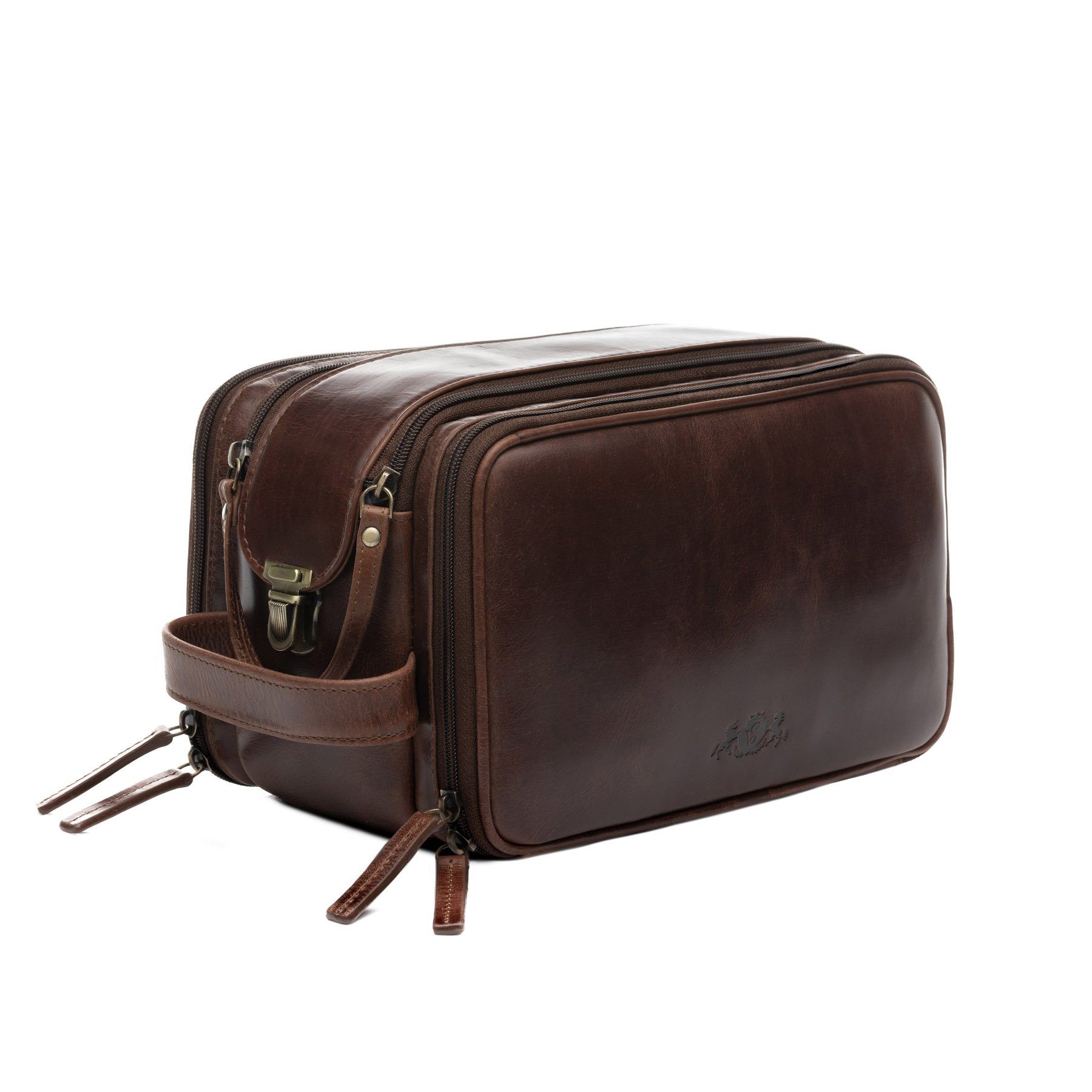 SID & VAIN Kulturbeutel echt Leder Kulturtasche groß Ledertasche braun LOUIS, Waschbeutel Echtleder für Damen & Herren, Kosmetiktasche braun-cognac