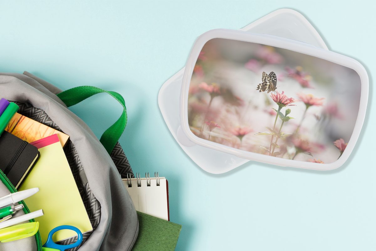 für Brotbox Brotdose, Jungs MuchoWow Mädchen Lunchbox und Kunststoff, Kinder - Blume und - Schmetterling für Erwachsene, Rosa, weiß (2-tlg),