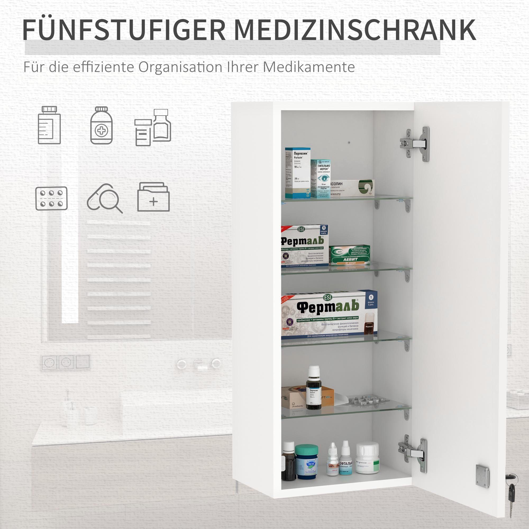 Kleankin Medizinschrank (Set, 1-St., Arzneischrank mit Medikamenteschrank) abschließbarer Hängeschrank Weiß Ablage